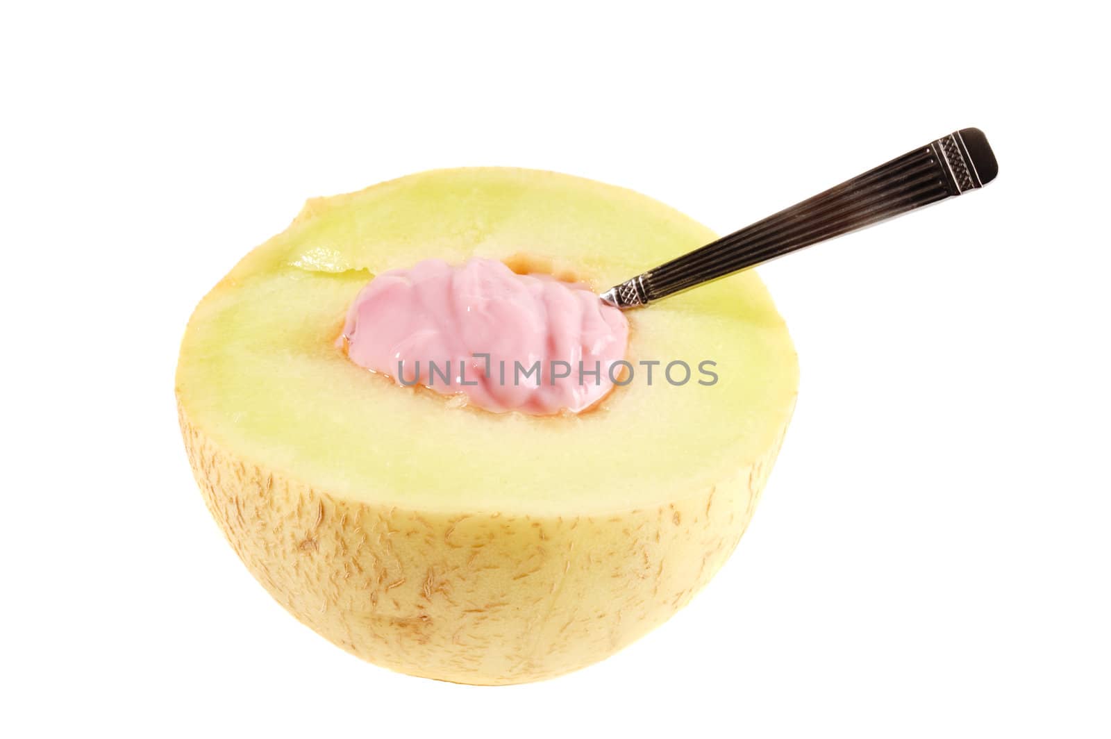 A cantelope melon filled with strawberry yogurt isolated on white