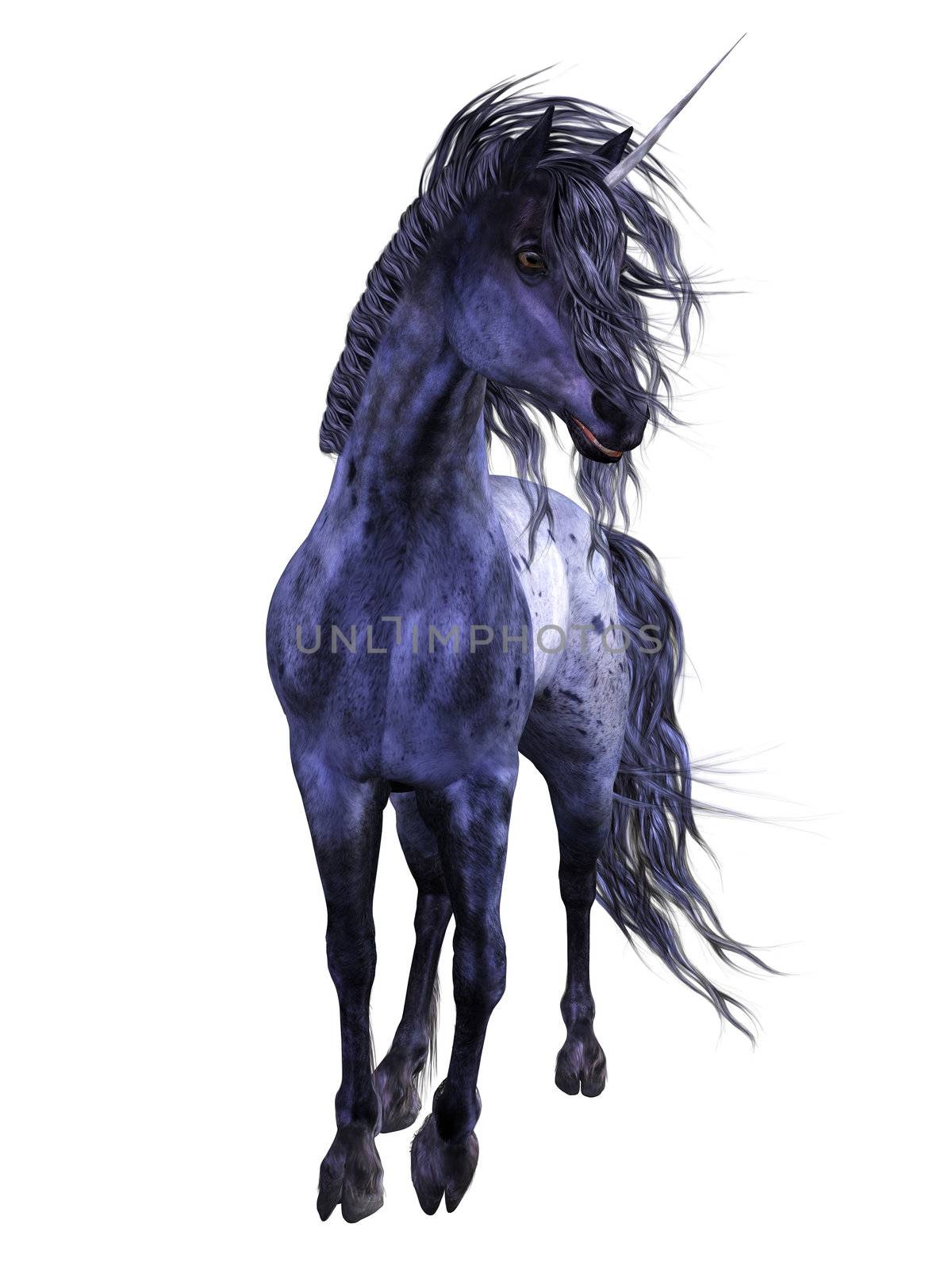 a magnificent blue unicorn - isolated on white