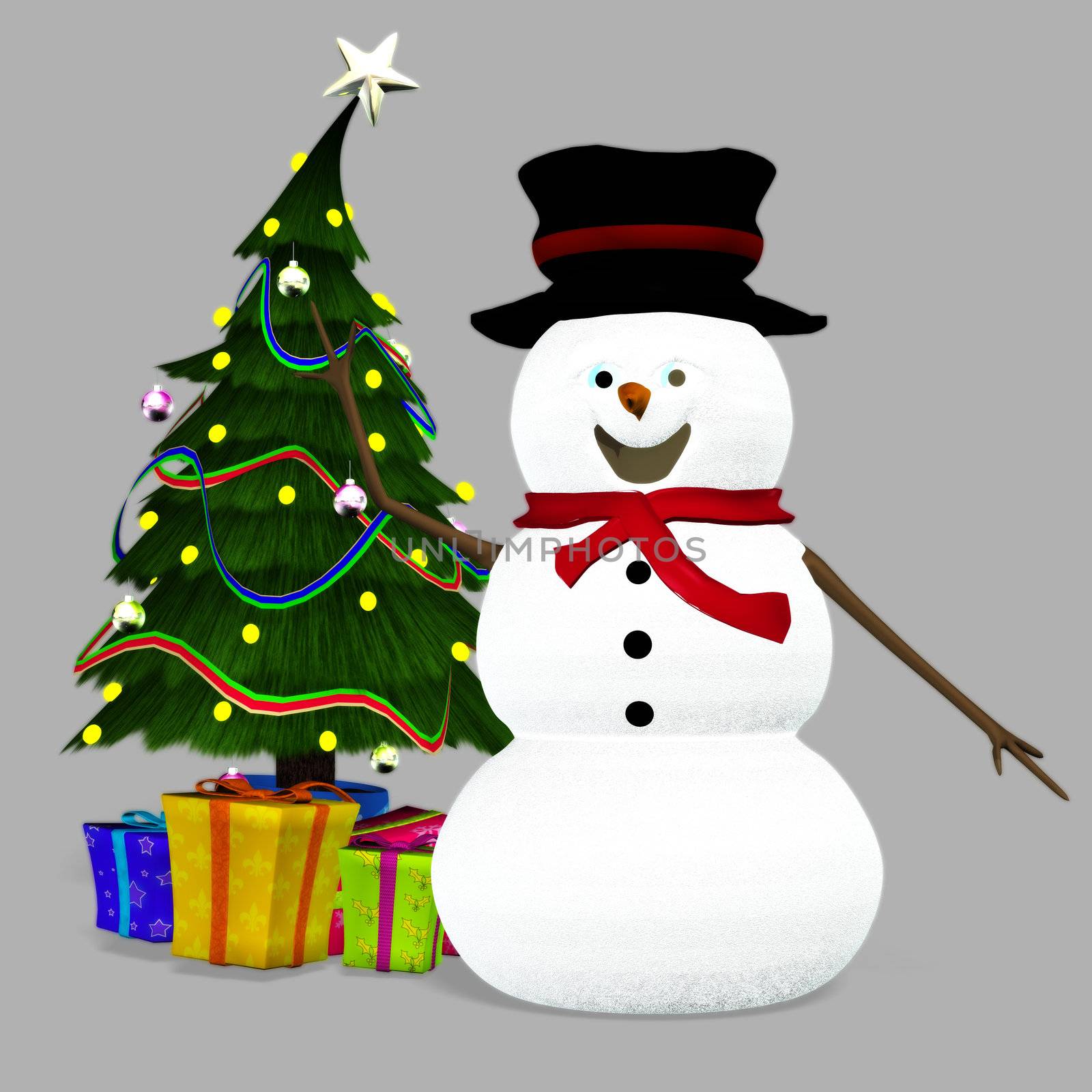 sweet snowman with Christmas tree and gifts - isolated on gray