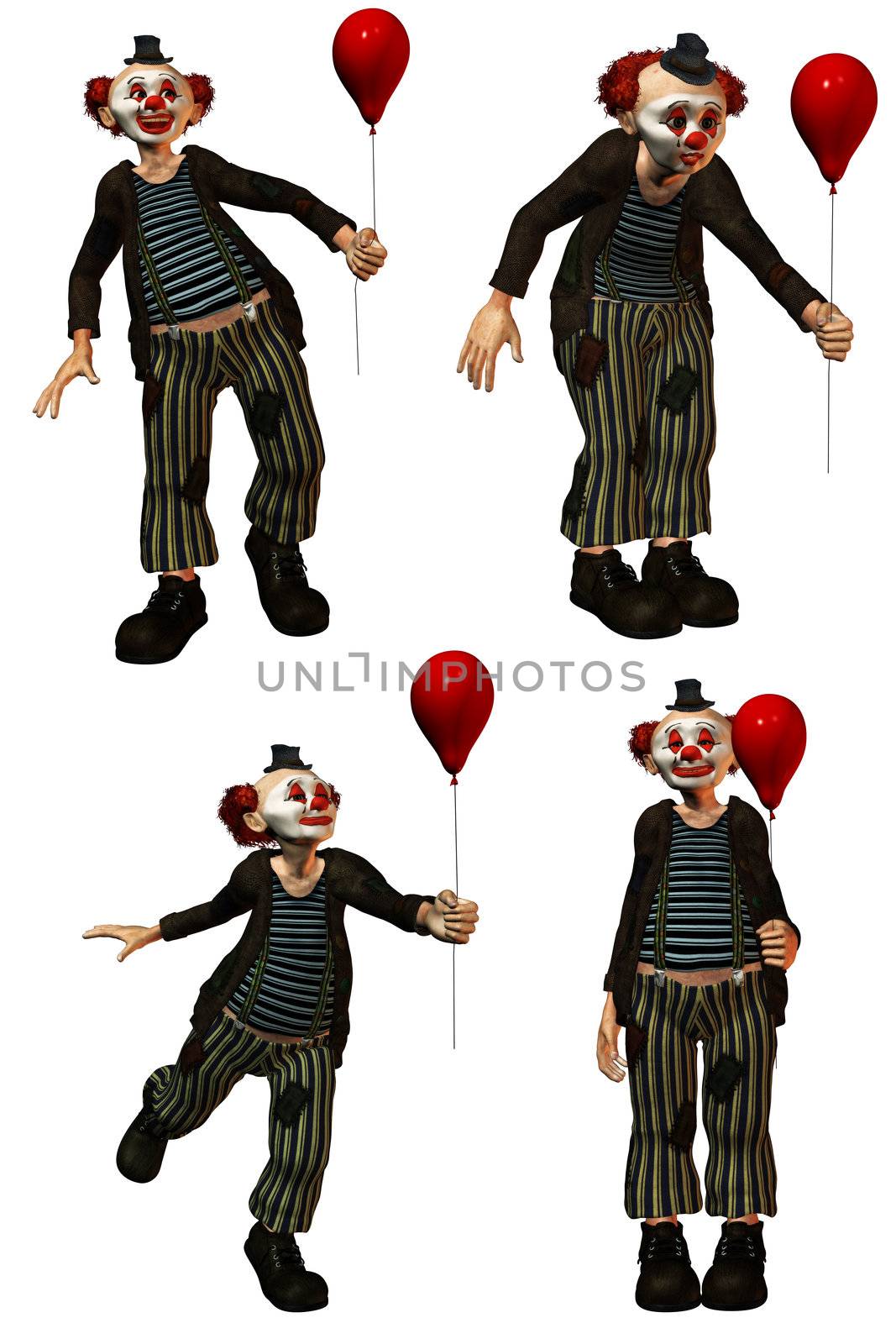 a funny clown in the show with a balloon - isolated on white