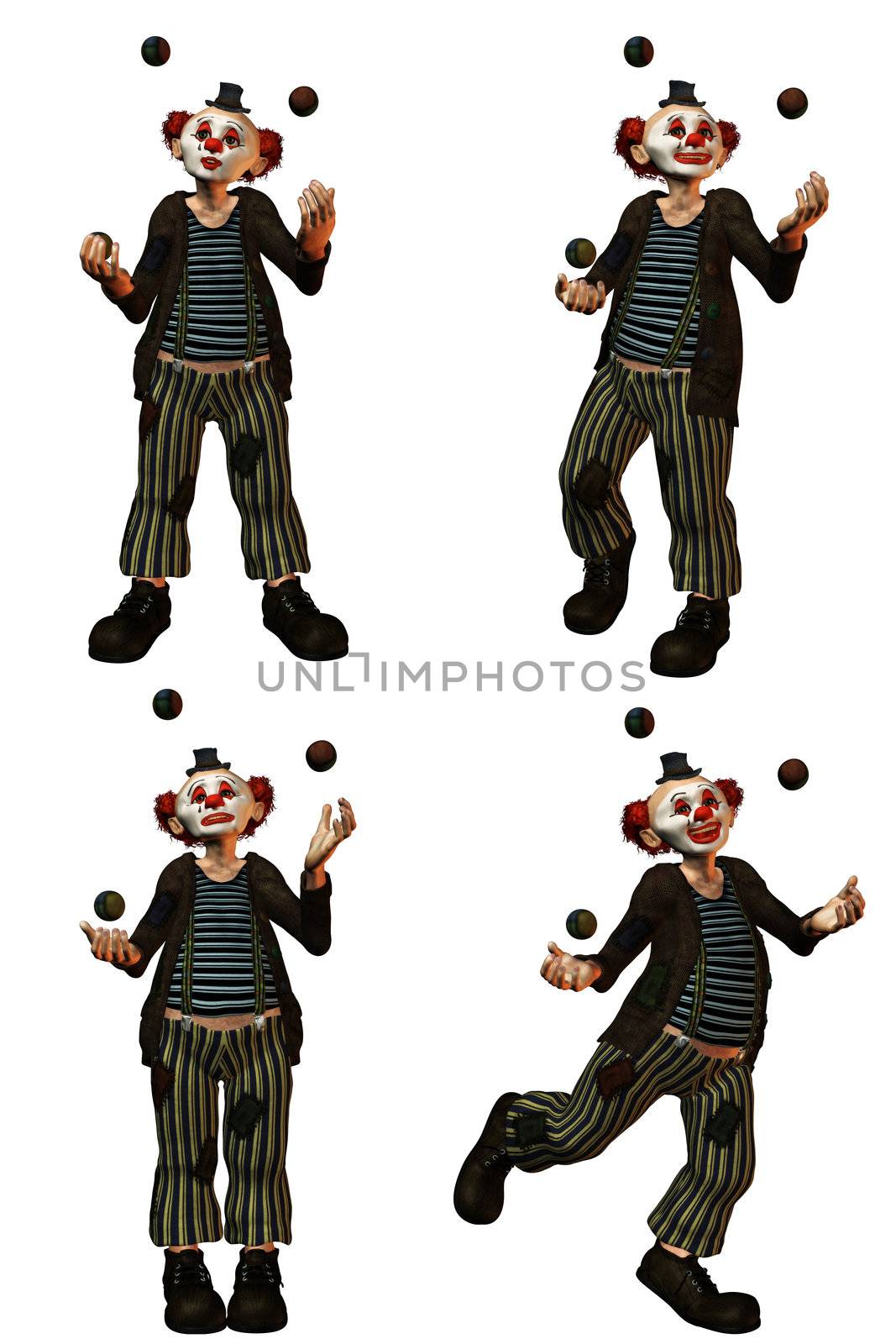 A funny clown in the show with balls isolated on white