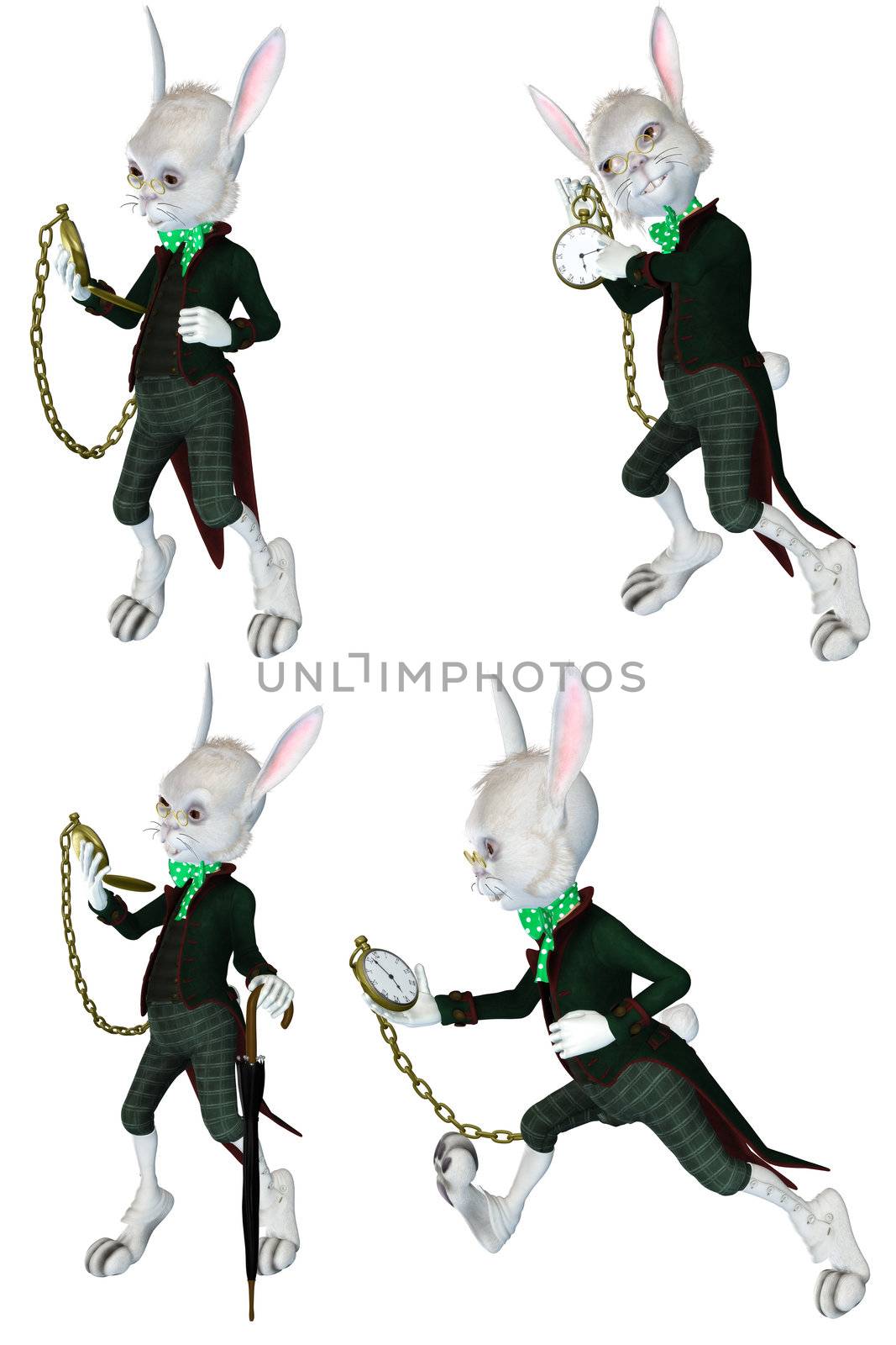 the rabbit is running out of time - isolated on white