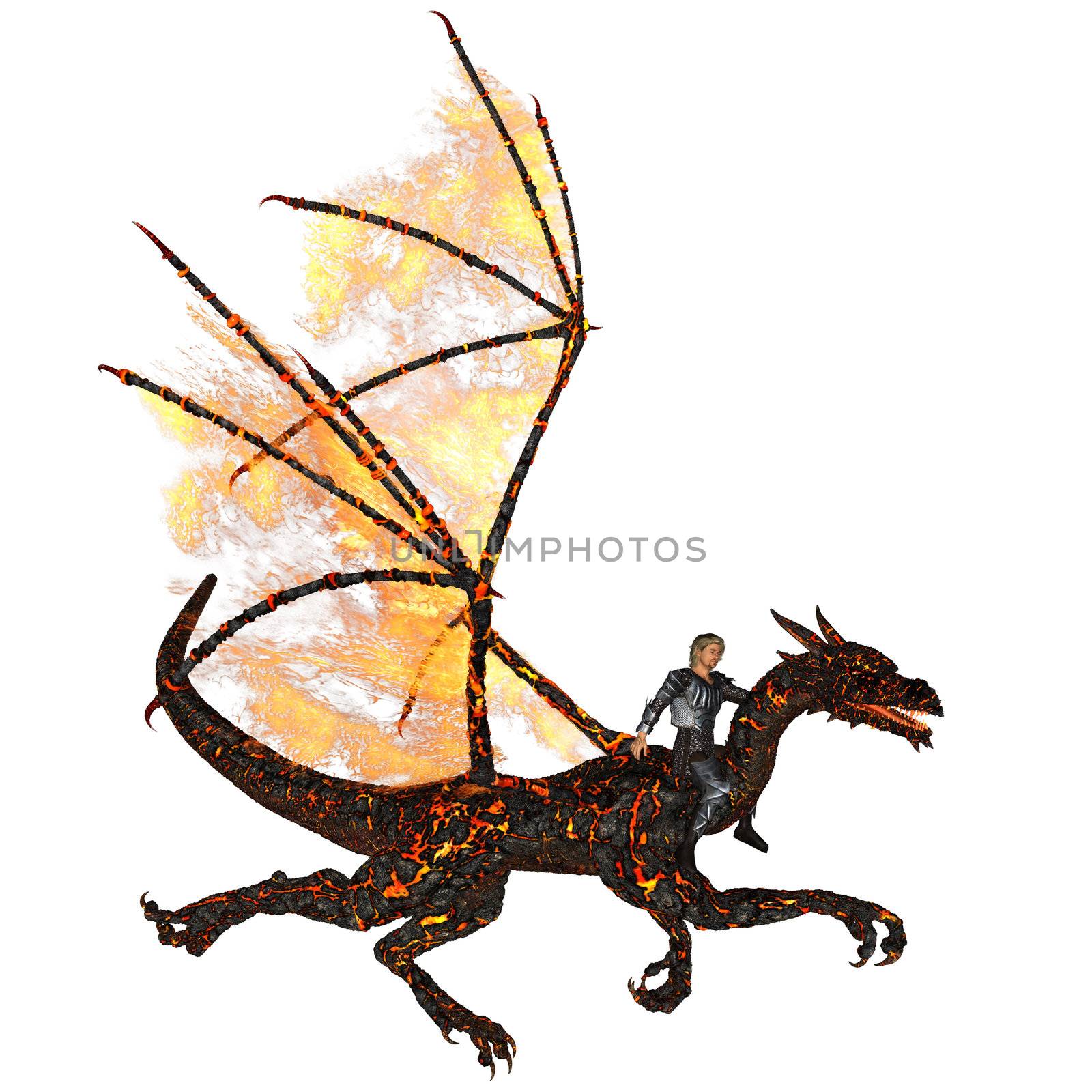 a knight flying on a dragon - isolated on white