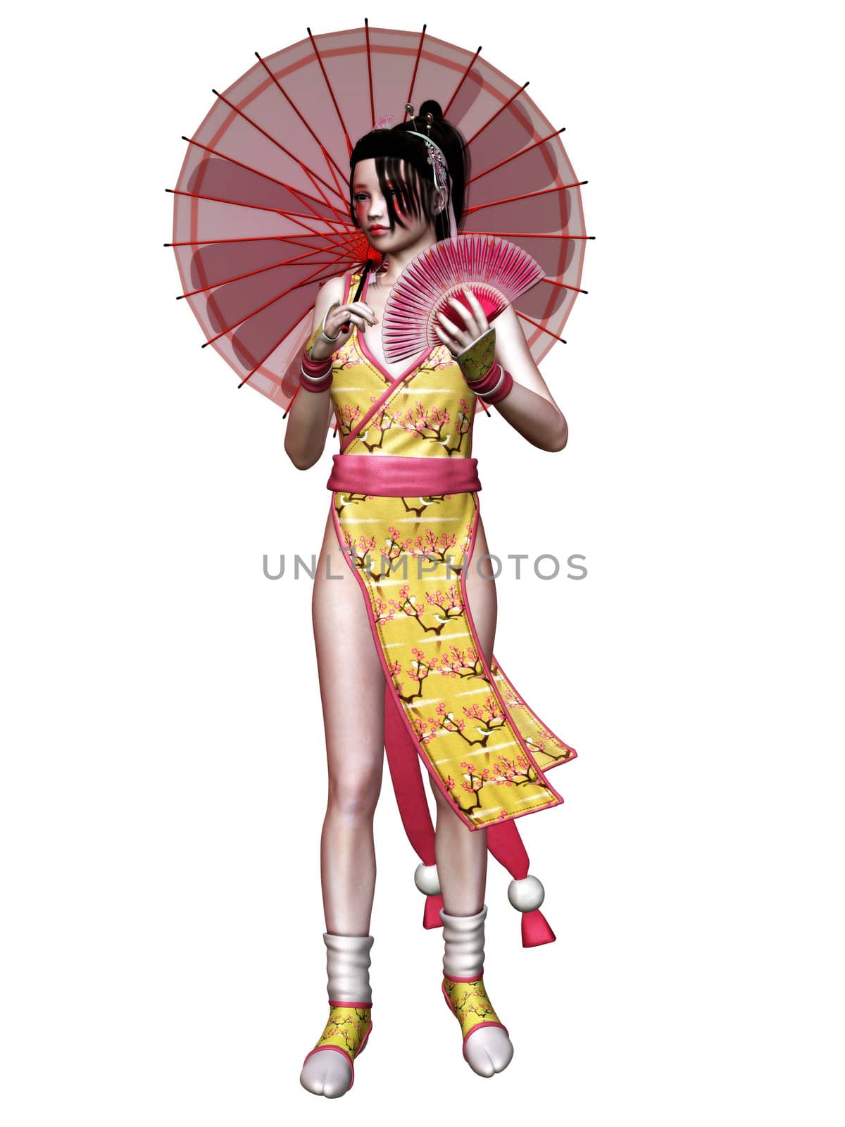 a geisha is walking - isolated on white