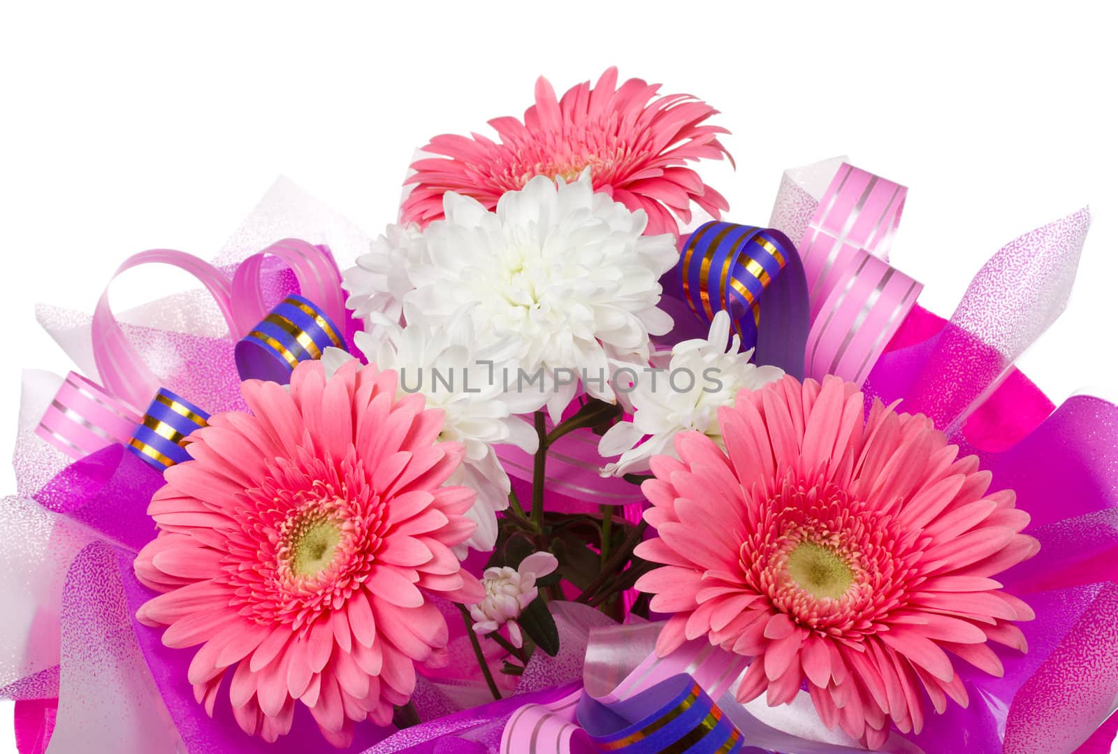 close-up bouquet with gerbera and chrysanthemum, isolated on white