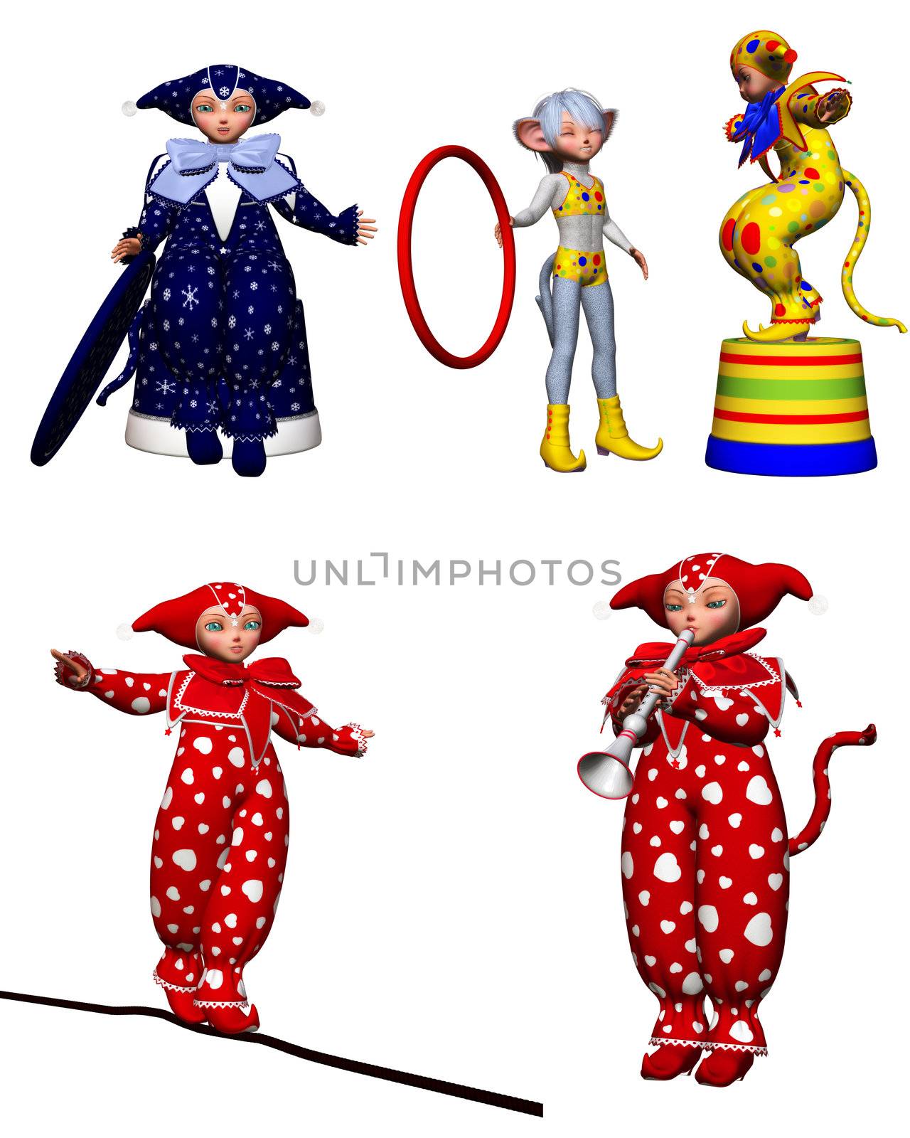 sweet harlequin clowns at the performance - isolated on white