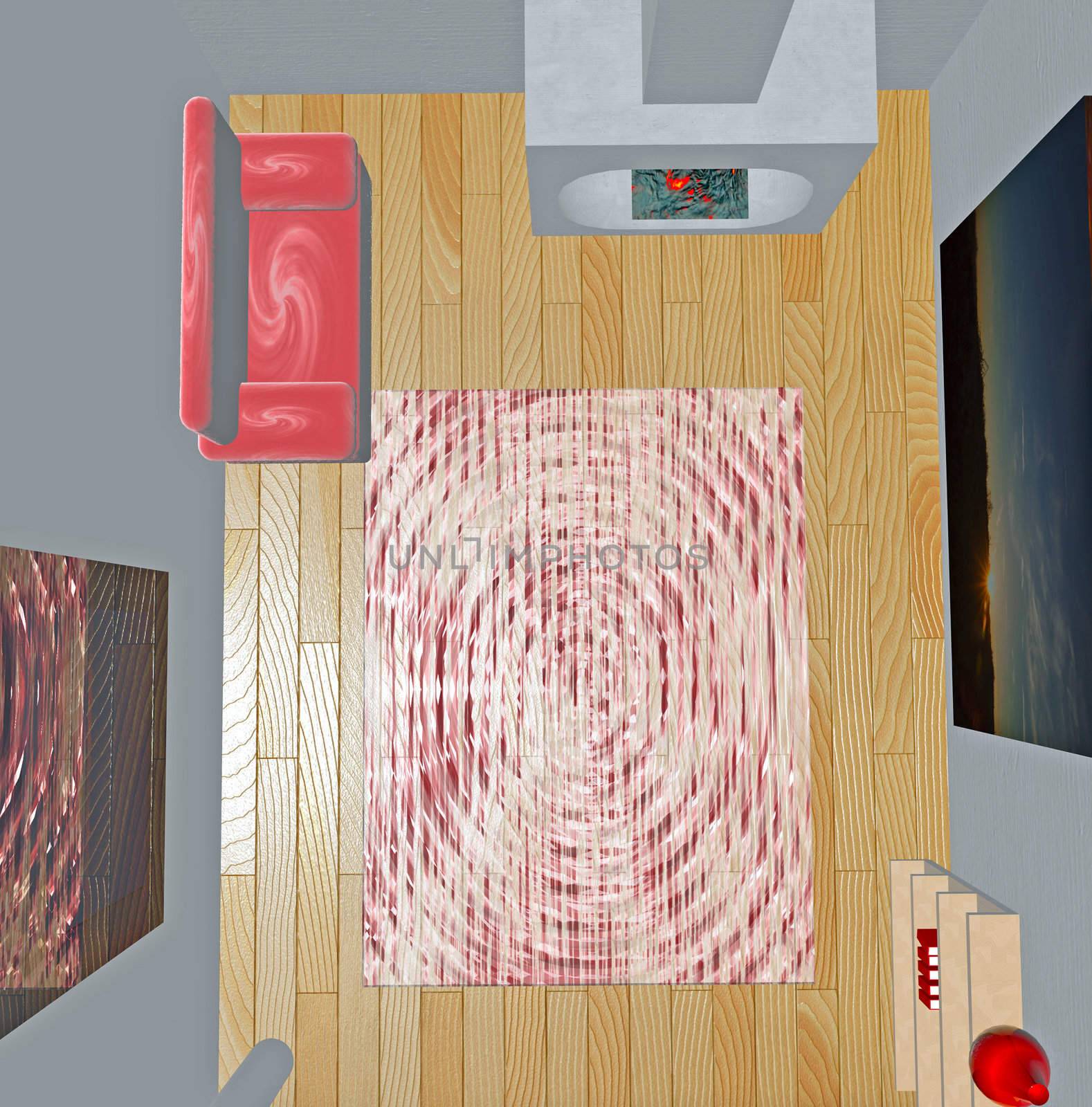 View of  render of a 3D room with lit fireplace, carpet and big photo of a sunset