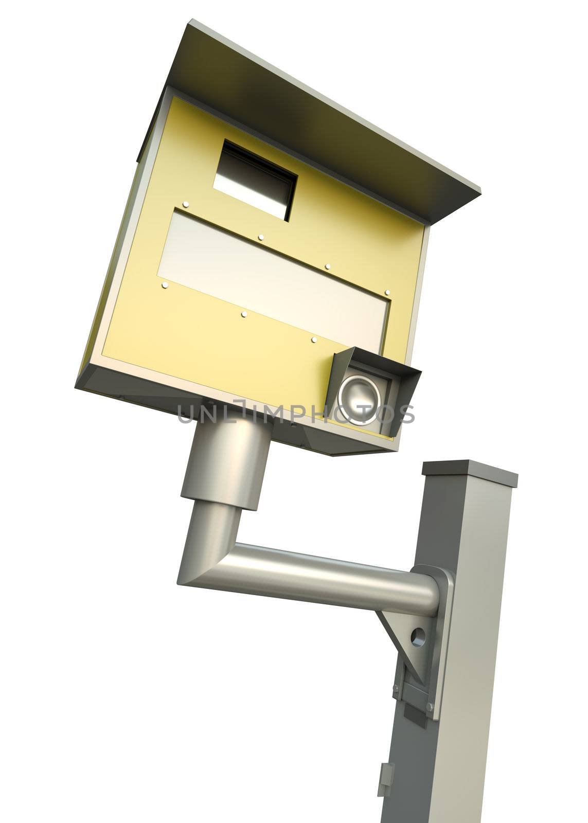 Yellow speed camera over white background. 3D render.