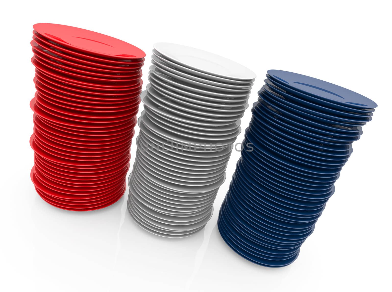 Three stacks of plates forming French flag. 3D rendered illustration.