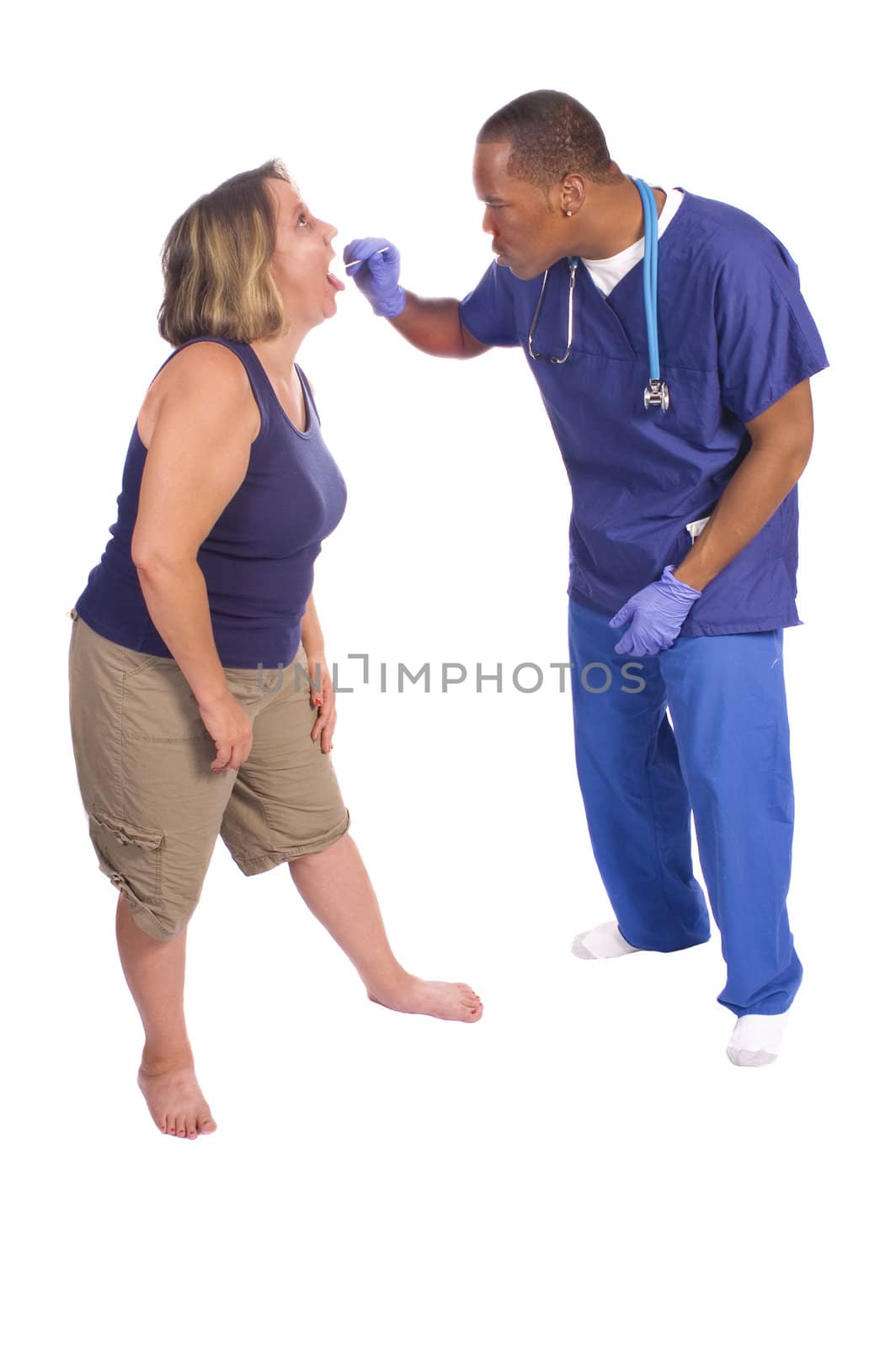 African American Doctor checking patients throat, isolated on white