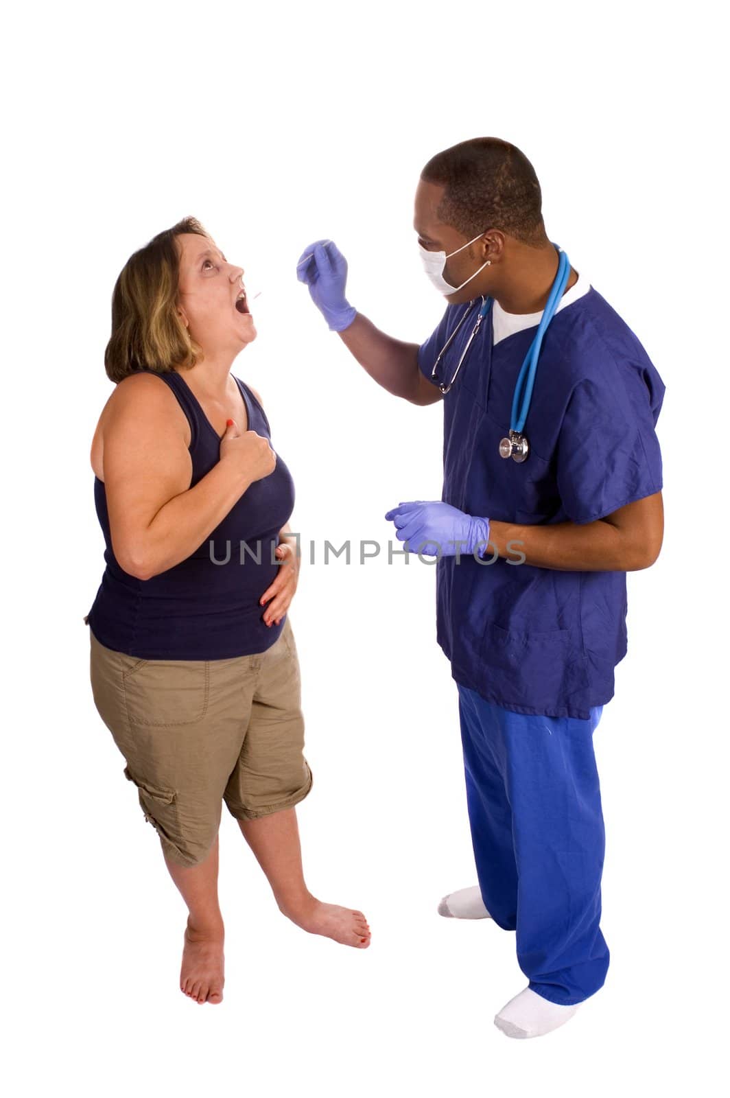 Doctor checking female patients temperature isolated