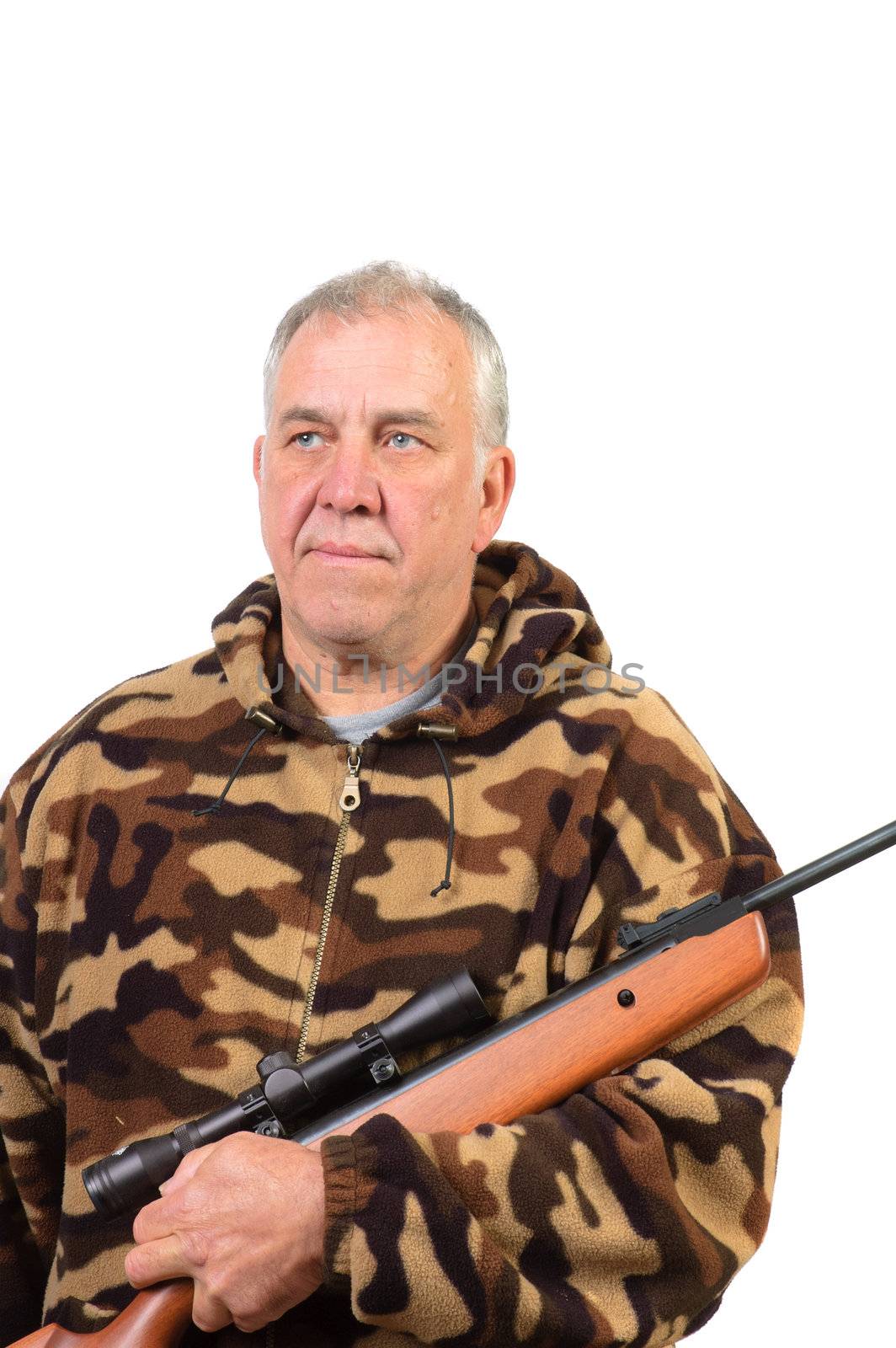 Hunter in camo with air rifle isolated over white