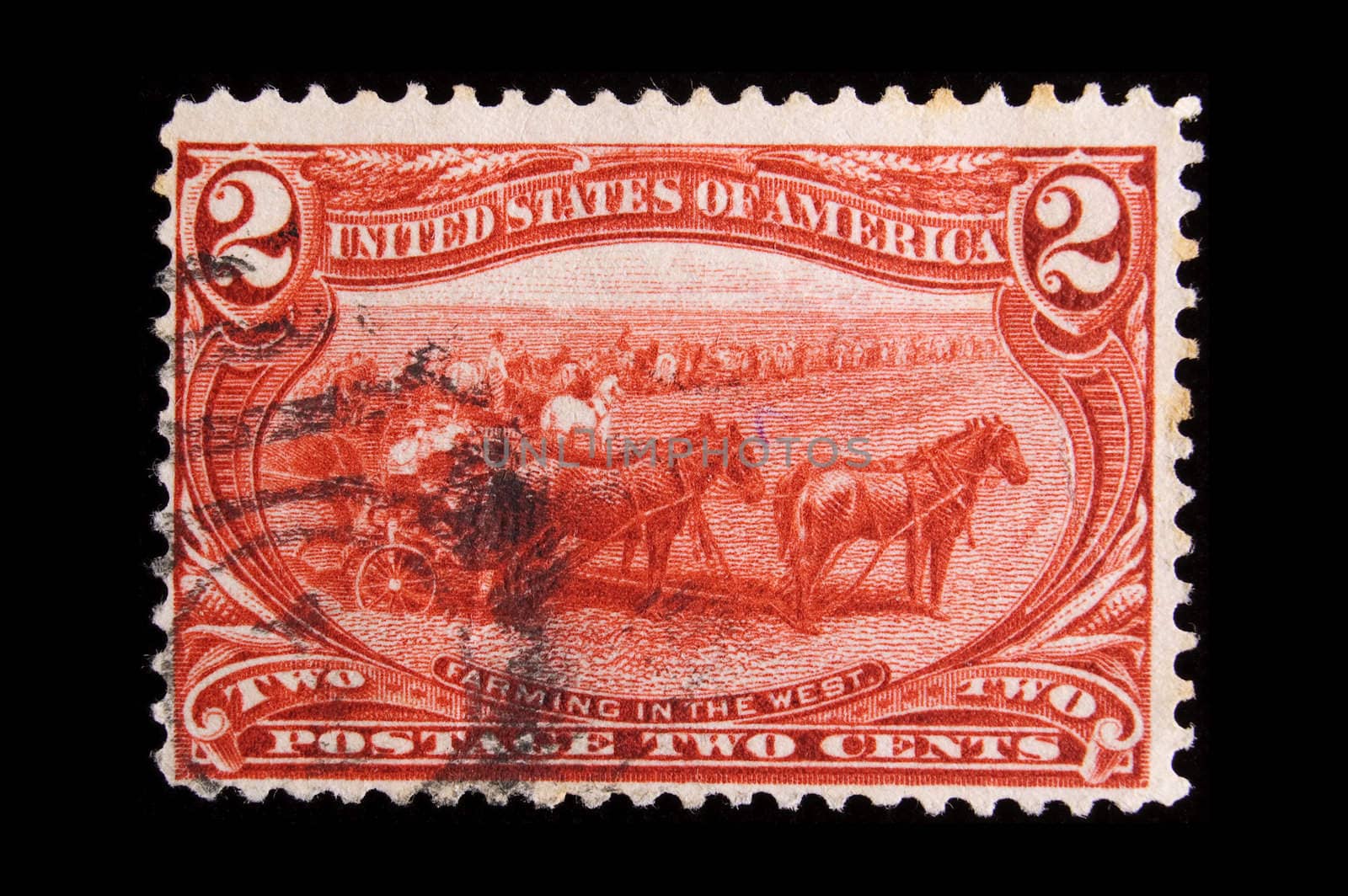 UNITED STATES - CIRCA 1898  : Image depicting farmers, with inscription "Farming in the West" , and a face value of 2 cents, series circa 1898