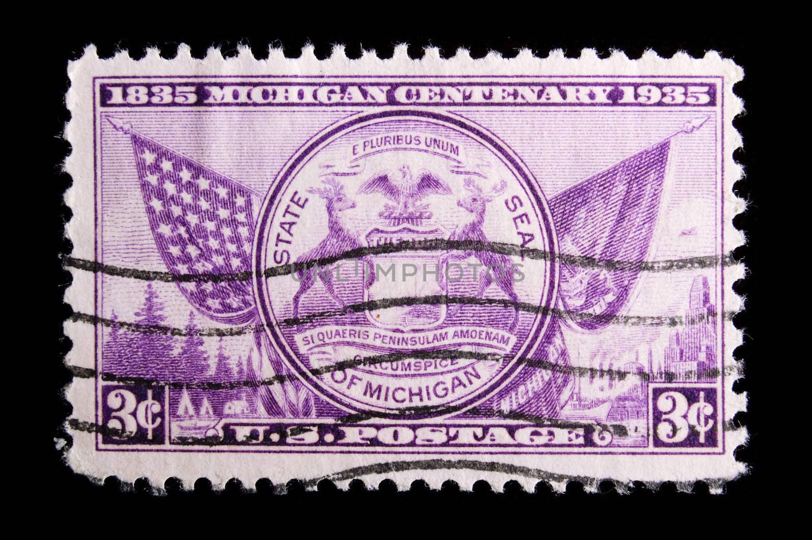 UNITED STATES - CIRCA 1935: Image depicting MICHIGAN State seal, with  inscription "1835 Michigan Centenary 1935" and "State Seal of Michigan" ,with a face value of 3 cents, circa 1935