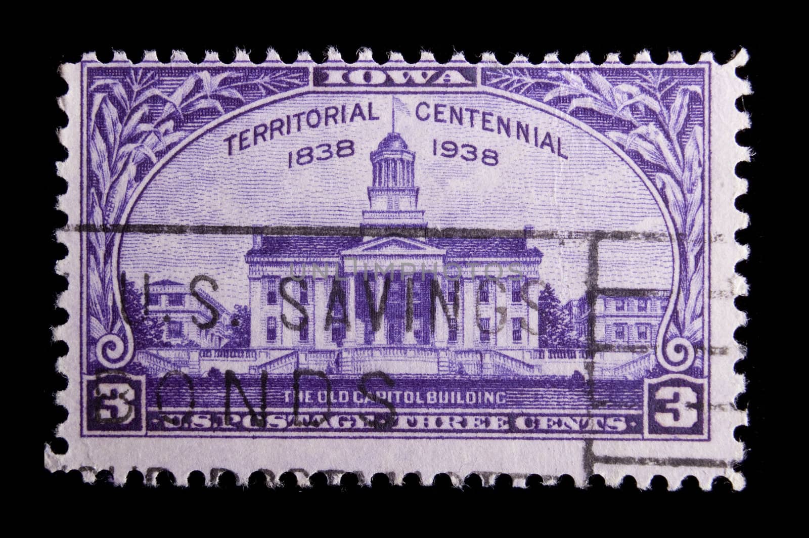 UNITED STATES - CIRCA 1938: depicting capitol building, in-scripted "Territorial Centennial 1838-1938" & "The Old Capitol Building" , value 3 cents, purple, circa 1938