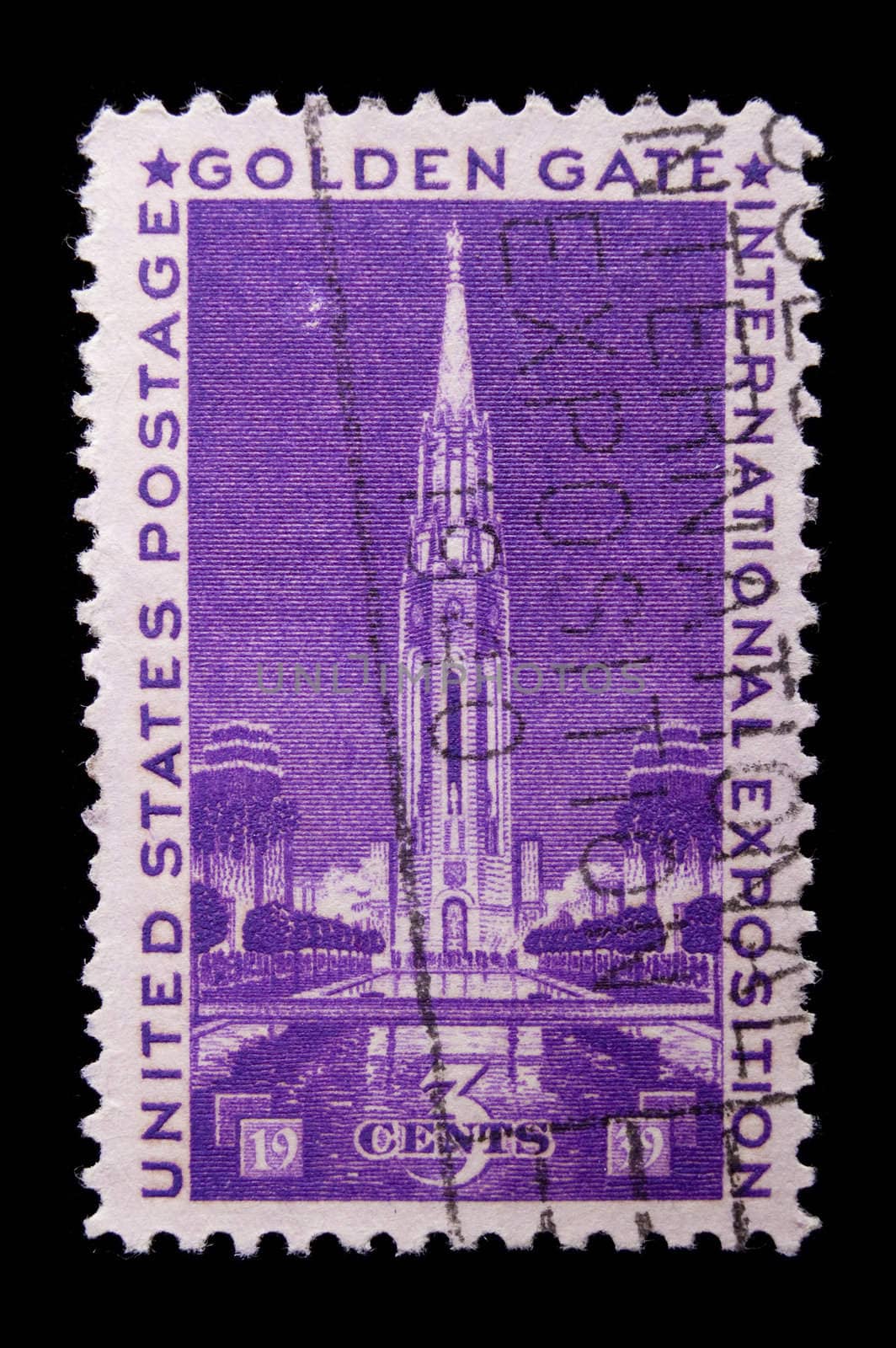 UNITED STATES - CIRCA 1939:  depicting building, in-scripted "Golden Gate International Exposition", face value 3 cents, color purple, circa 1939