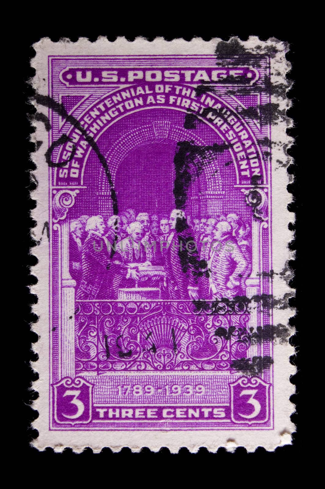 UNITED STATES - CIRCA 1939: depicting inaugarutiion of Washington, in-scripted "Sesquintennial of the Inauguation of Washington as First President" 1789-1939" , value 3 cents, circa 1939