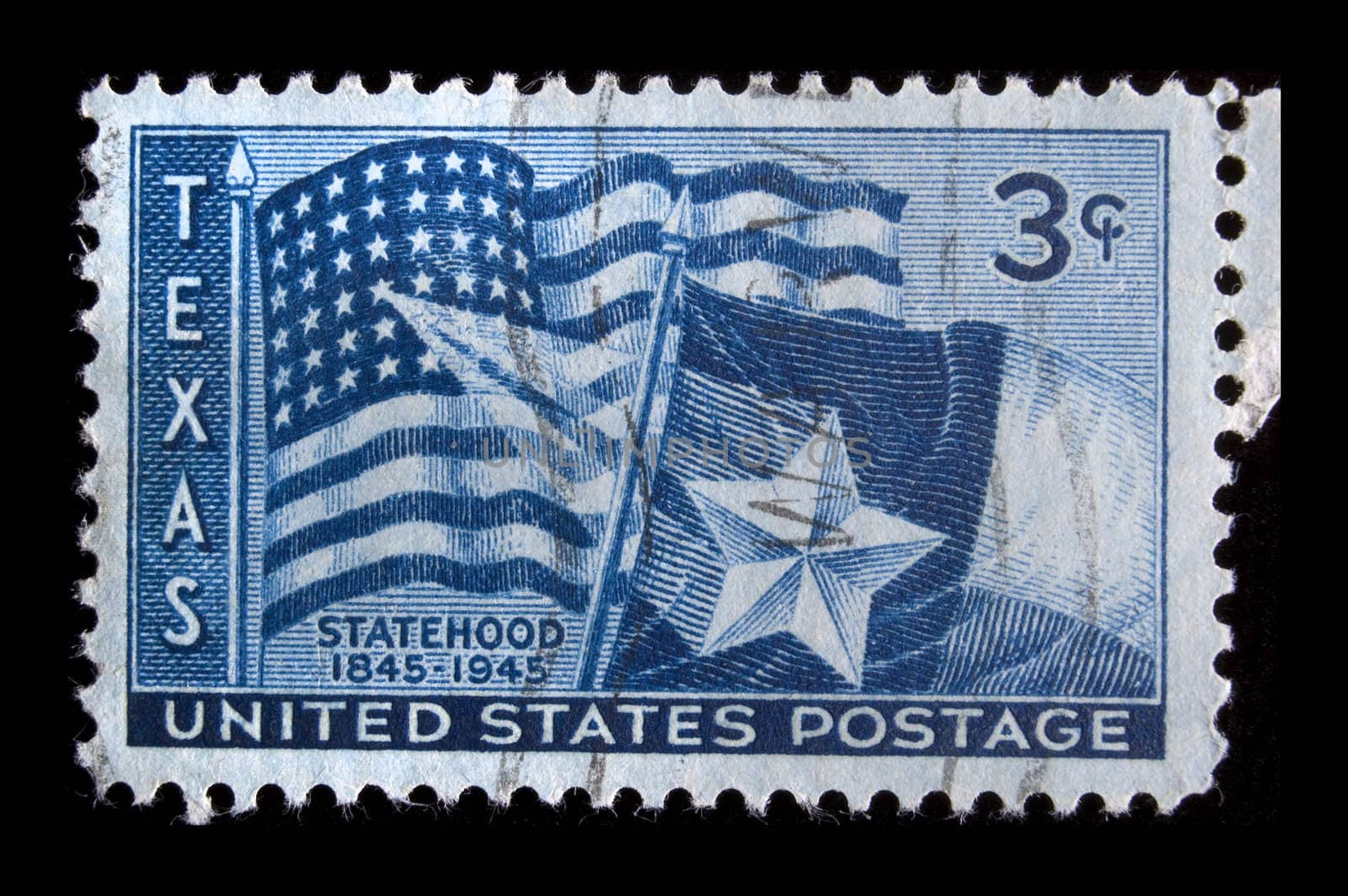 UNITED STATES- CIRCA 1945: Depicting US flag and Texas flag, with inscription " Statehood 1845-1945", color blue, face value 3 cents, circa 1945