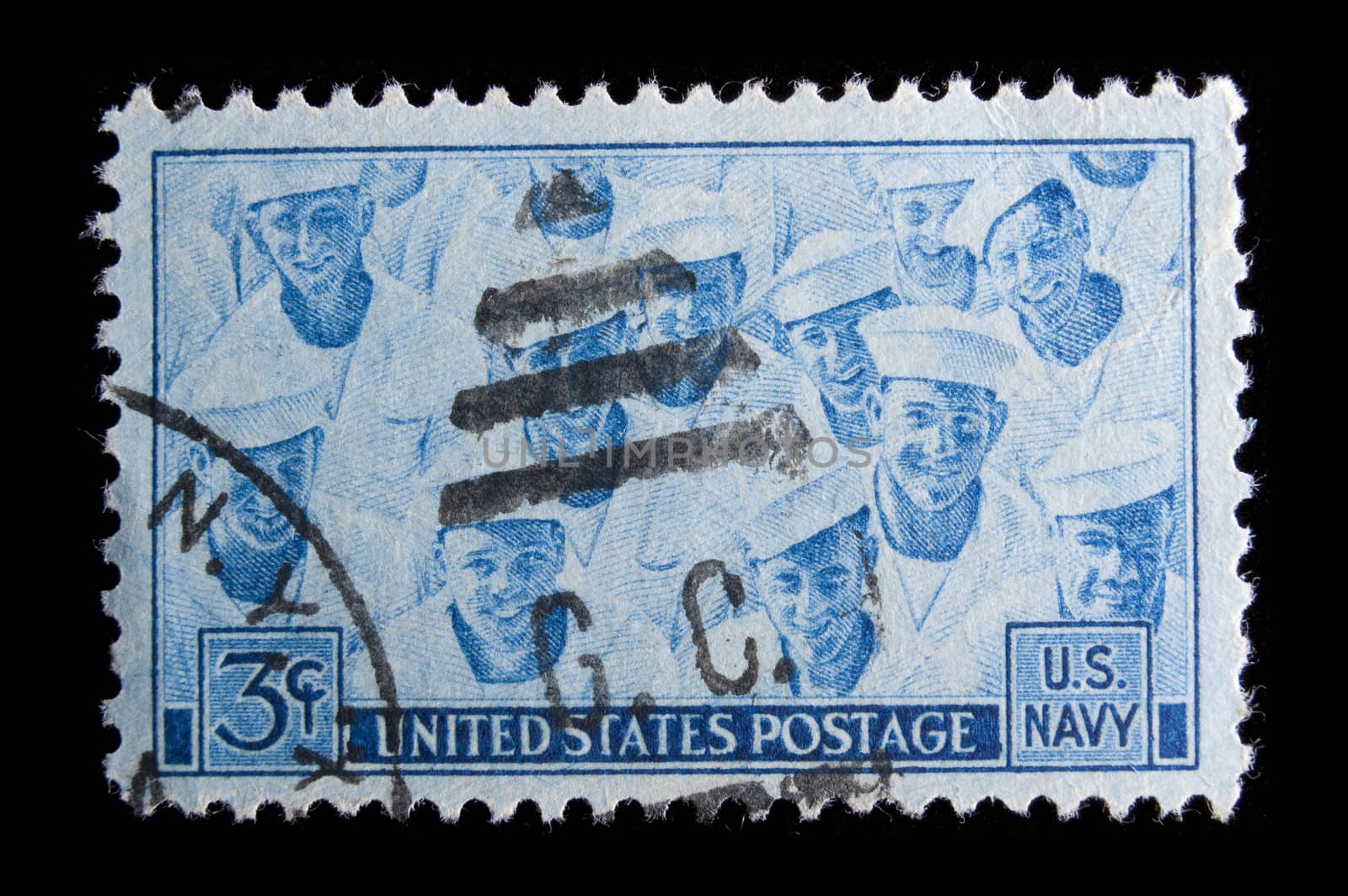 UNITED STATES- CIRCA 1945: Depicting Sailors, with inscription "US NAVY", color blue, face value 3 cents, circa 1945