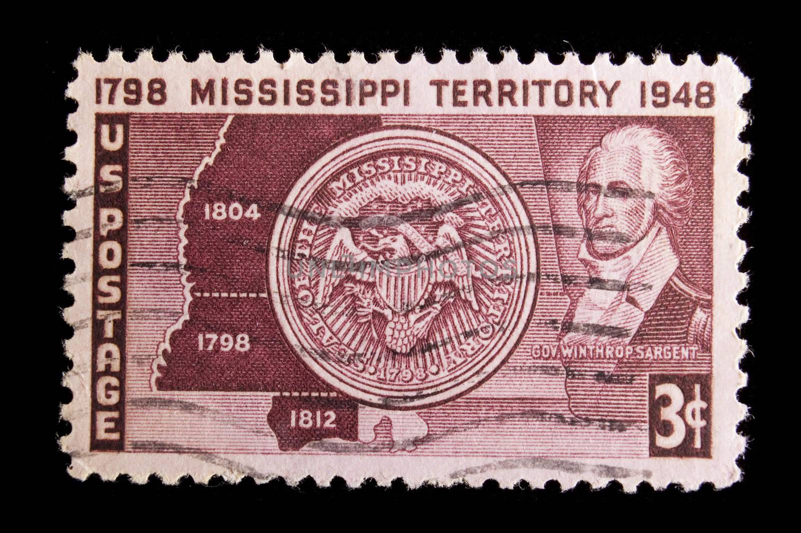 UNITED STATES - CIRCA 1948: Image depicting Mississippi seal, and map with inset and inscription of "Gov Winthrop Sargent" , also inscripted Mississippi Territory 1798- 1948, face value 3 cents, circa 1948