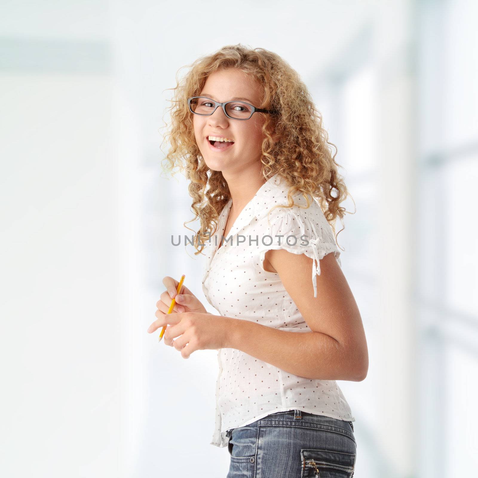 Beautiful corpulent caucasian student girl isolated on white background