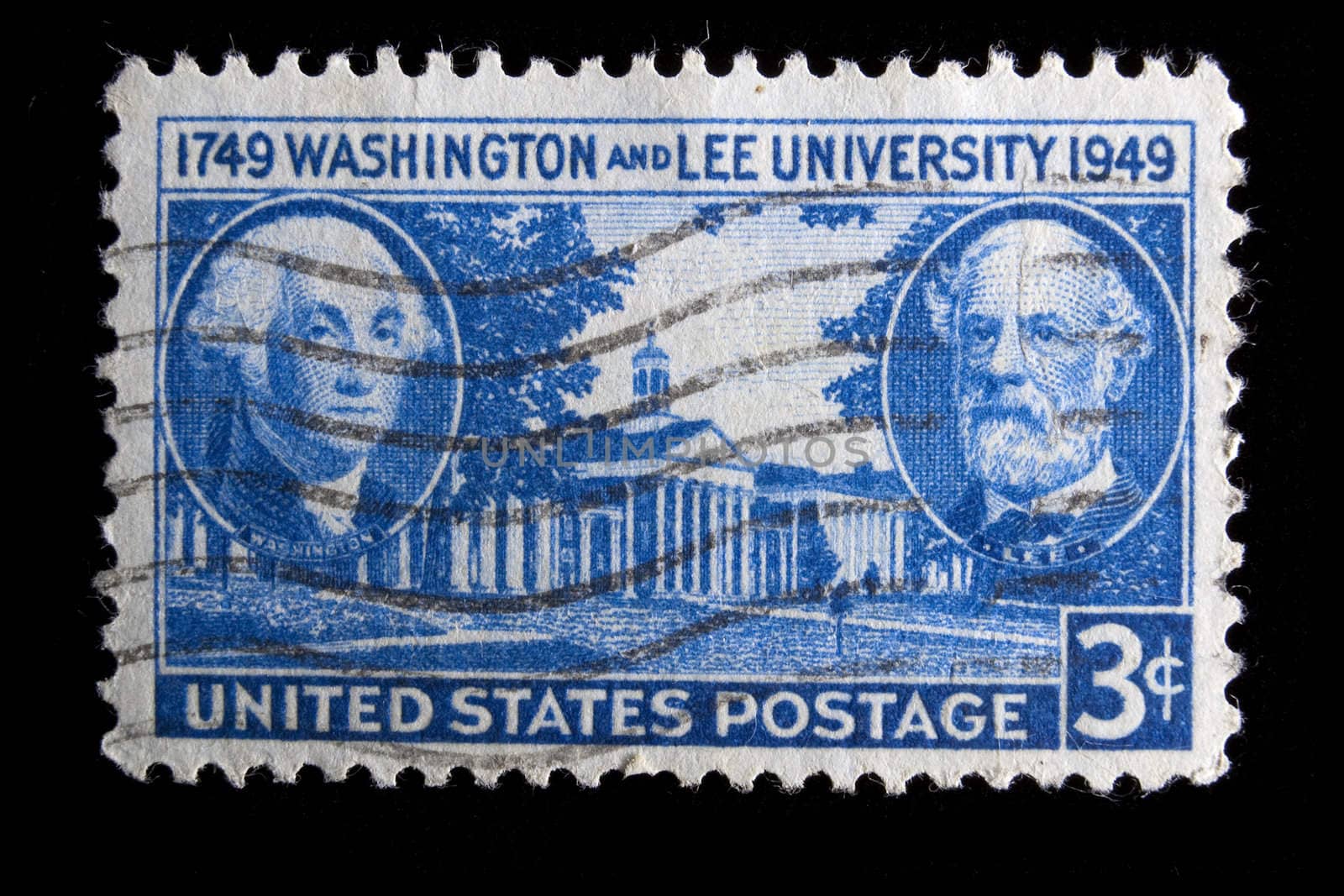UNITED STATES - CIRCA 1949: image depicting a building with insets of Washinton and Lee, inscripted "1749 Washinton and Lee University 1949", face value 3 cents, circa 1949