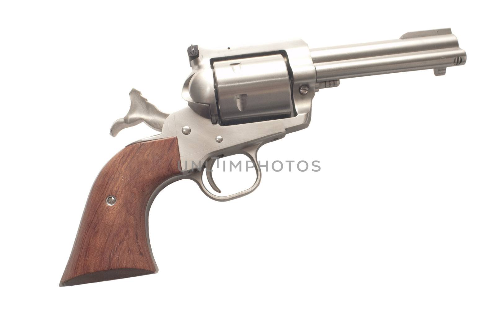 cocked stainless steel revolver  isolated on a white background