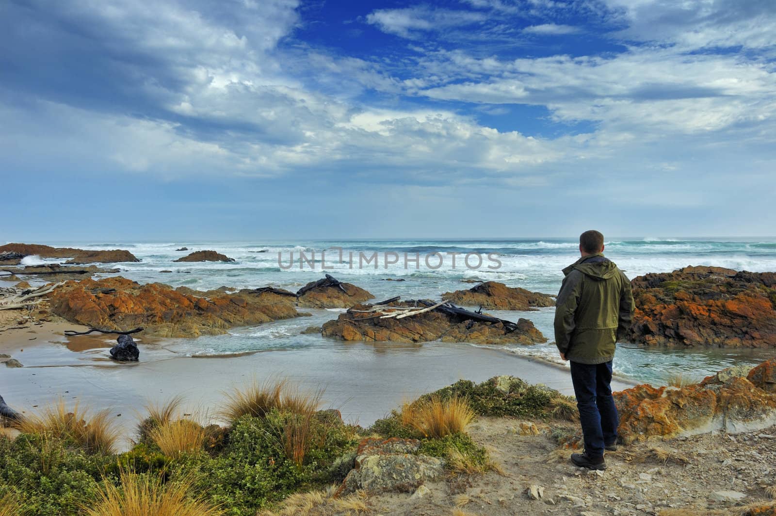 A solitary figure stands on the shoreline looking out to sea, on the west coast of Tasmania.