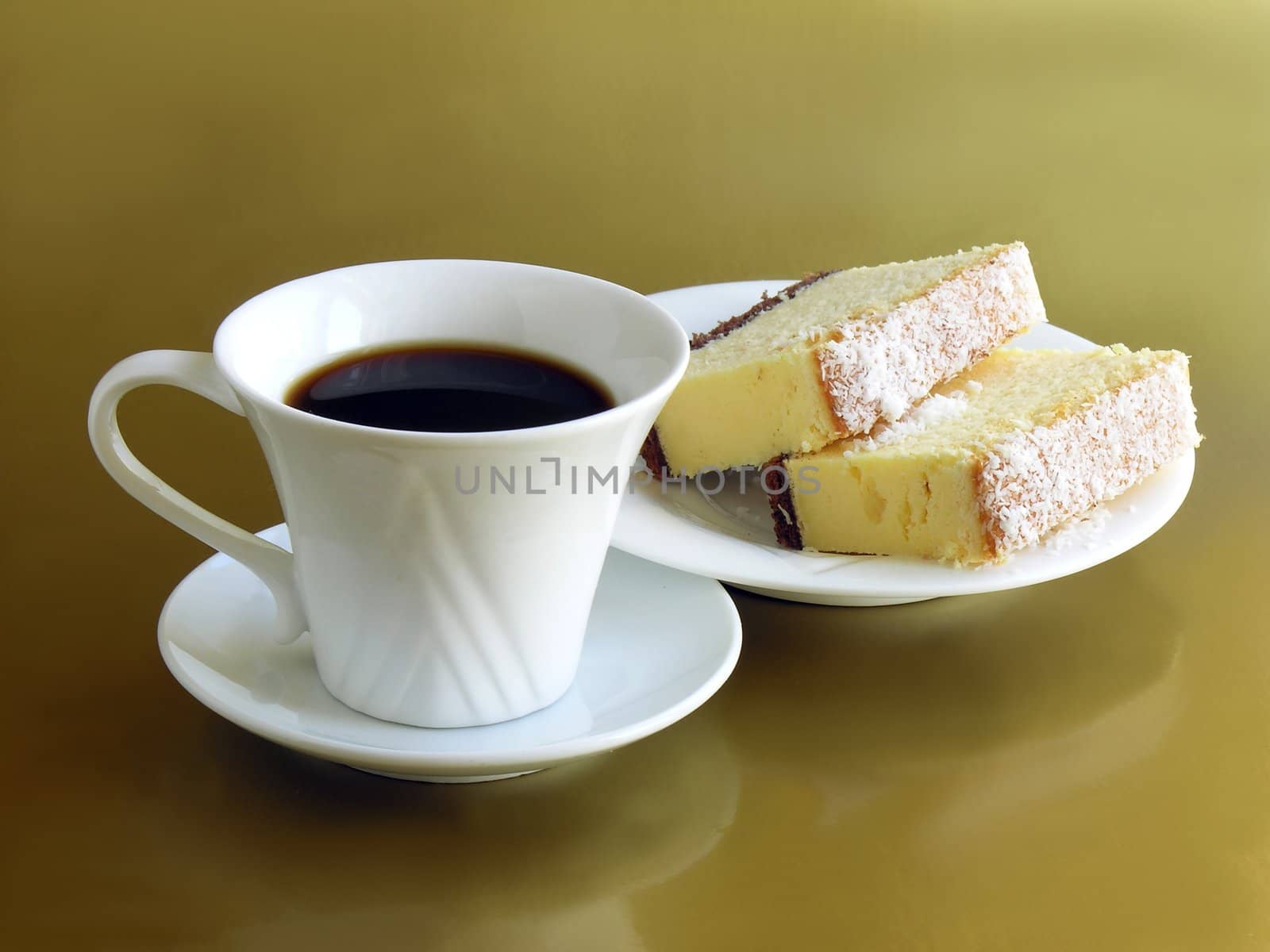 cup of coffee and piece of cheese cake by RAIMA