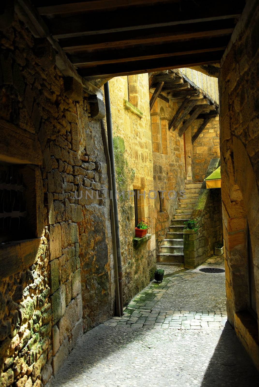 Detail of medieval architecture in historical town of Sarlat, France. 