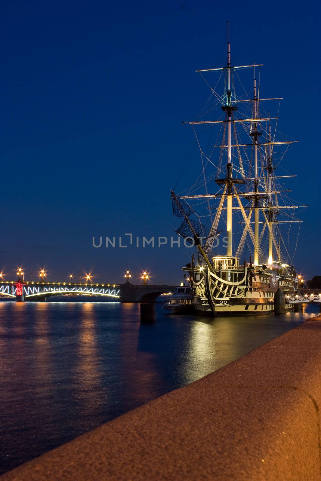 Three-masted sailing ship in Saint Petersburg embankment by snaka