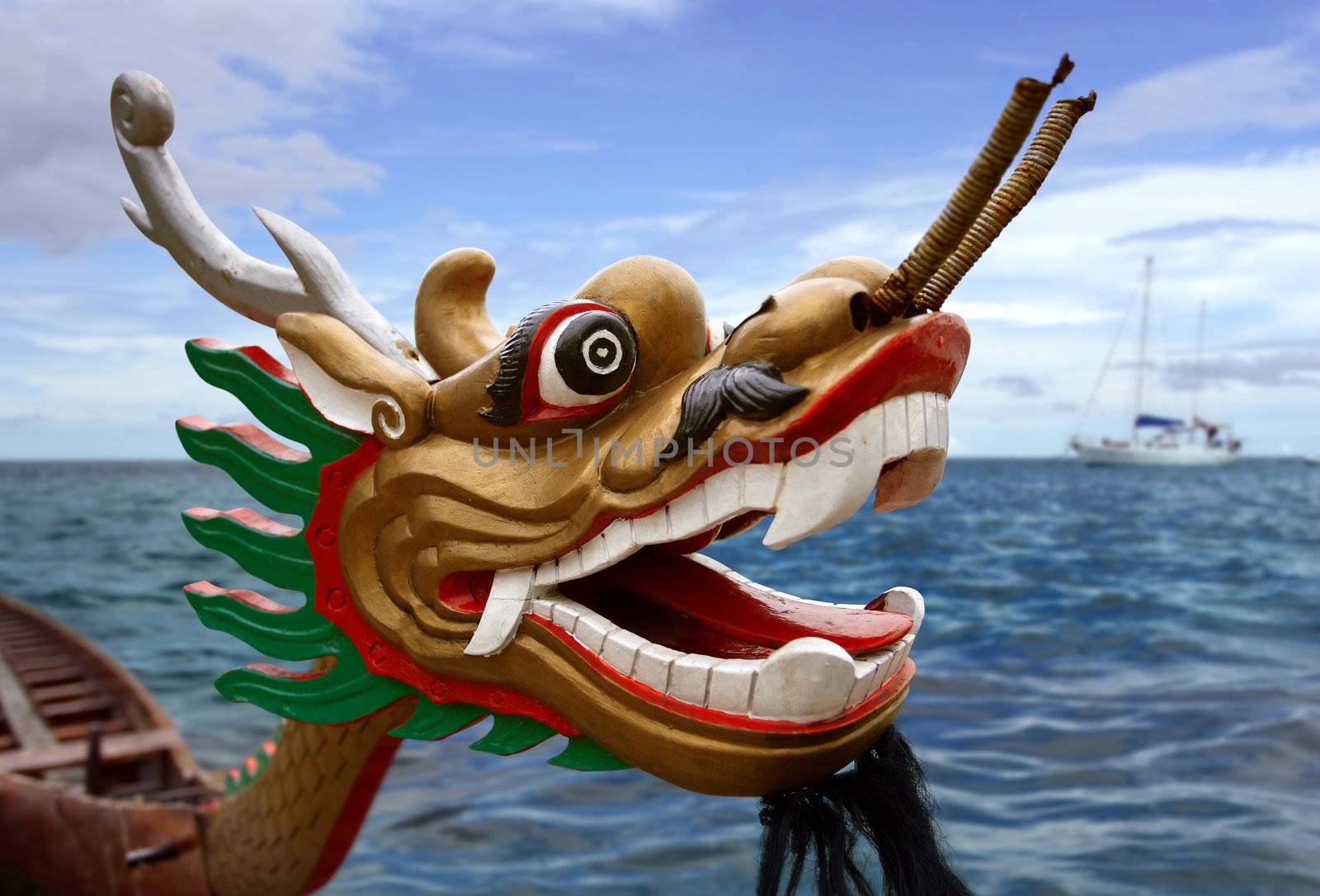 An empty Chinese Dragon boat waiting in the water.
