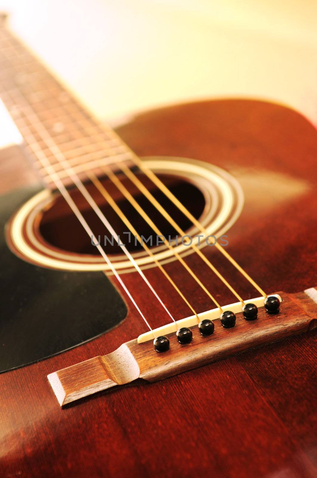Musical instrument acoustic guitar close up in perspective