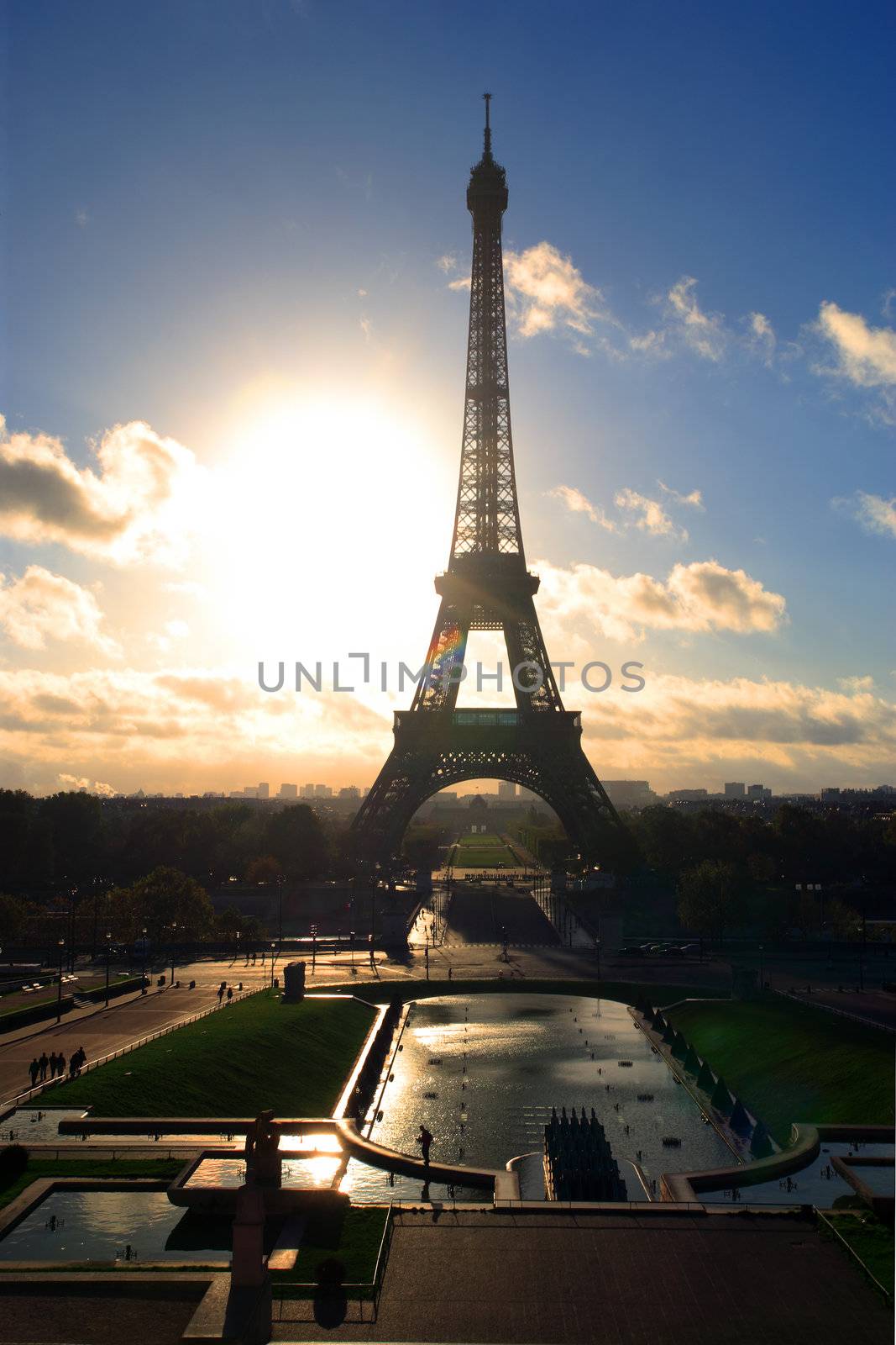 The Eiffel Tower in Paris, France in the morning as the sun rises.
