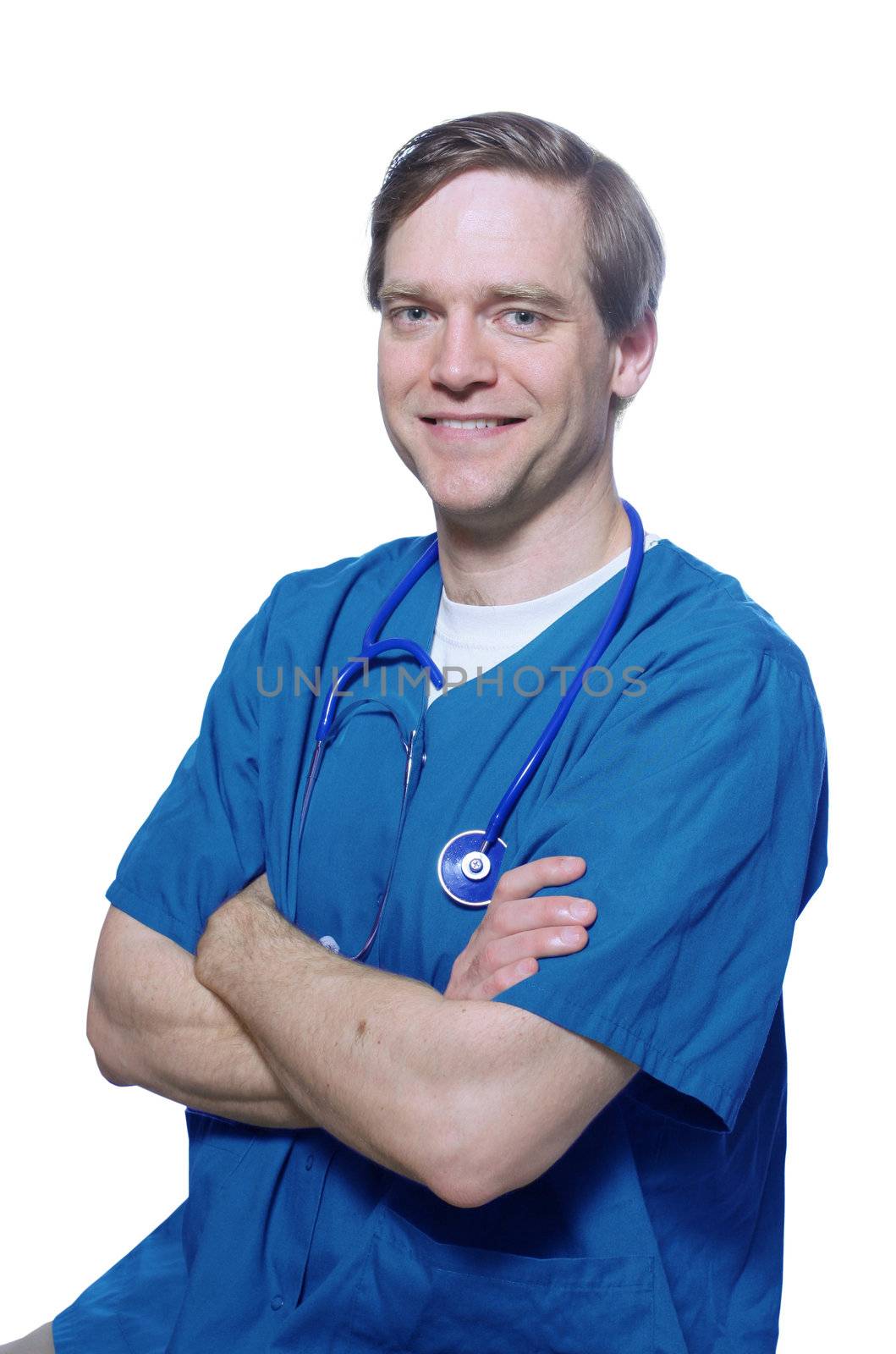 Handsome doctor smiling with arms crossed