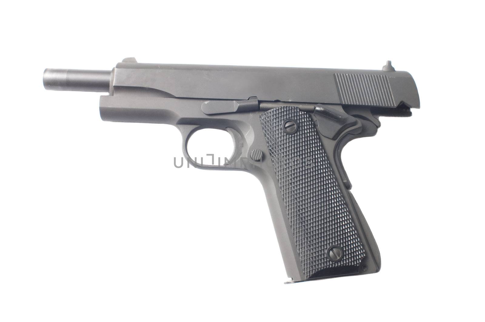 1911 semiautomatic with slide back, isolated on a white background