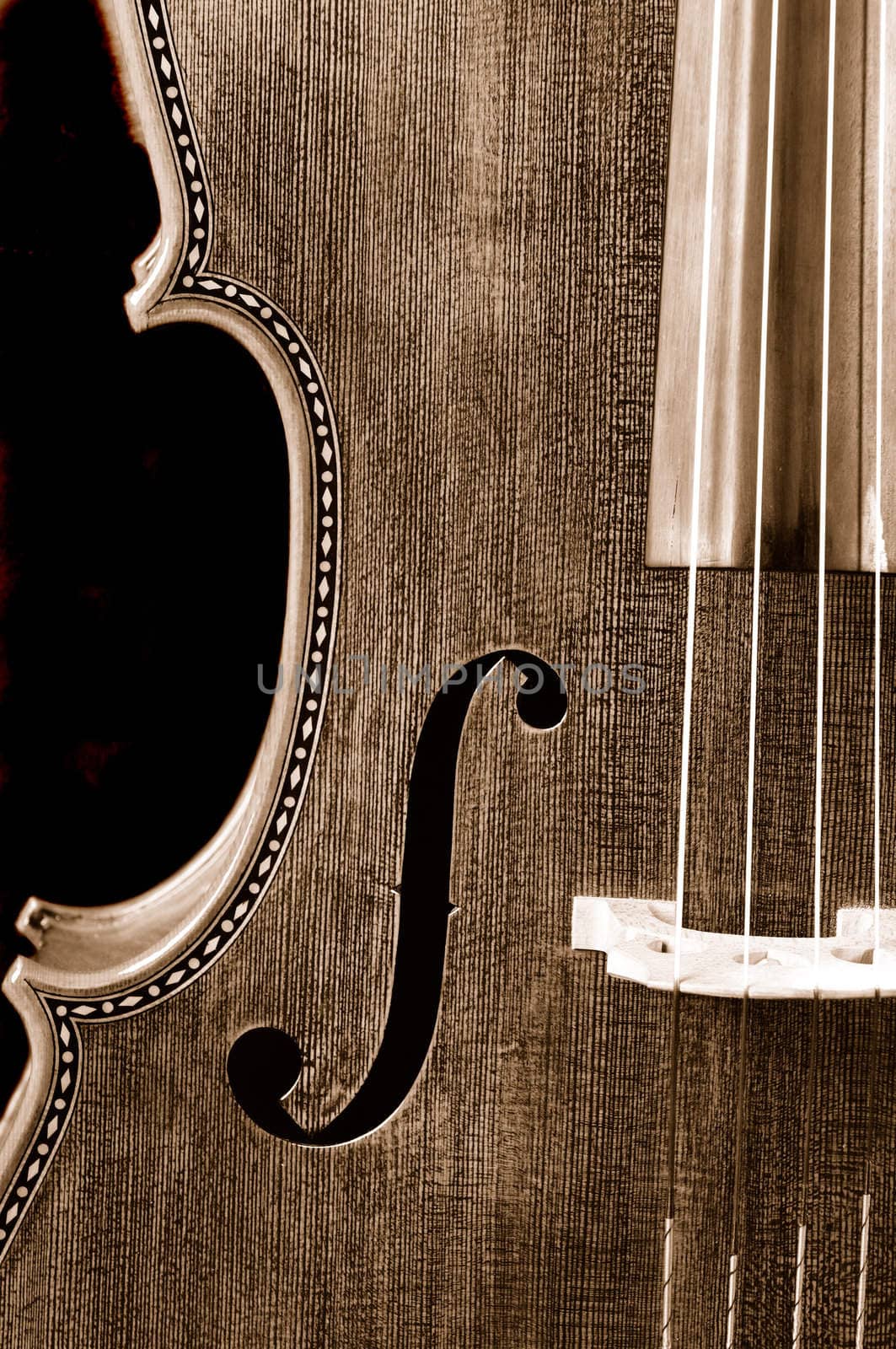 Sepia closeup of a cello on a black background