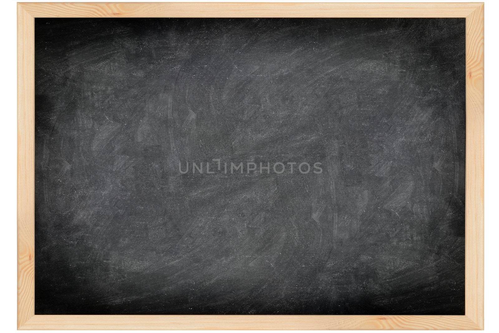 empty blackboard with wooden frame. Black chalkboard background with great texture and scratches isolated on white background.