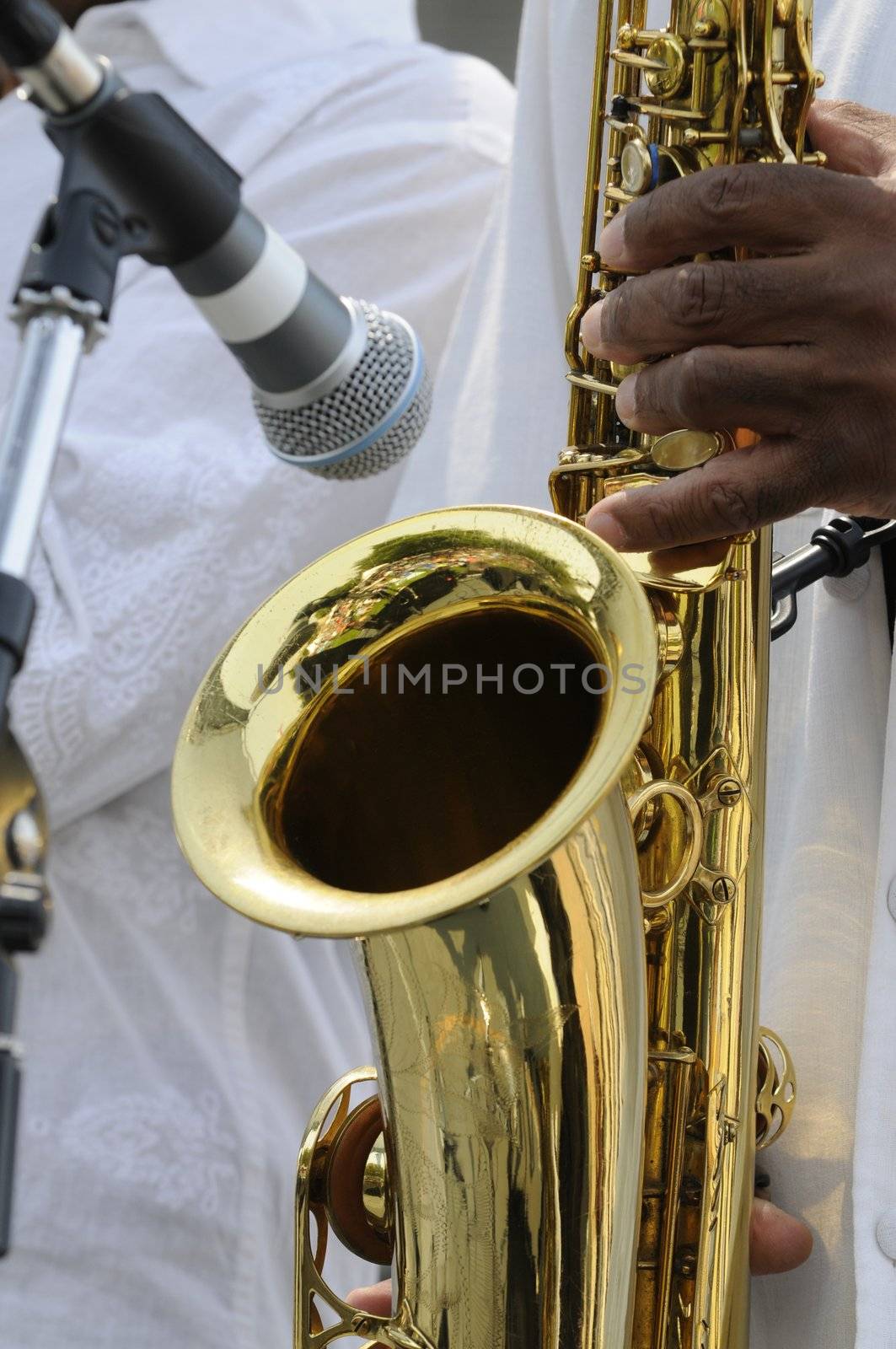 saxophonist playing in live concert