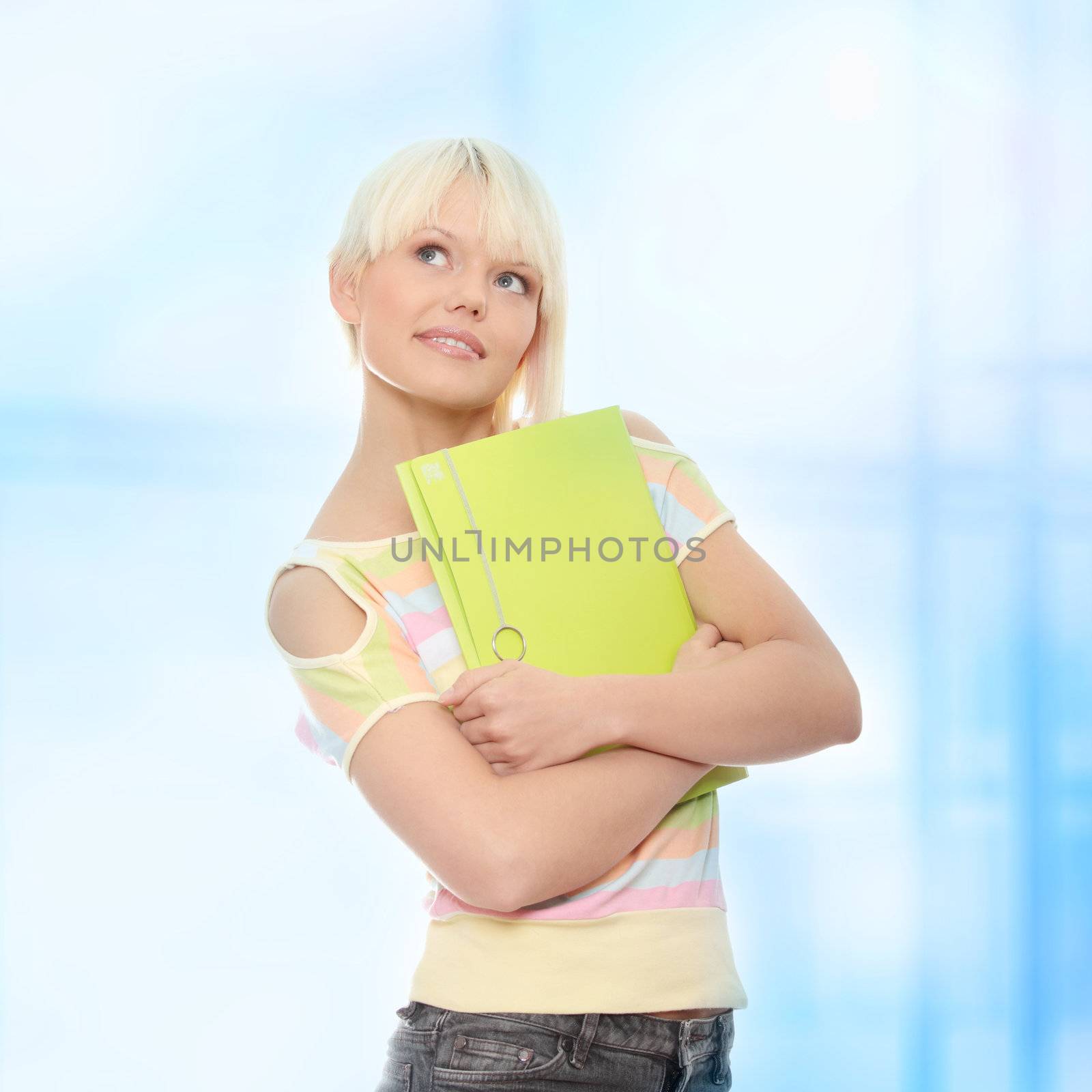 Beautiful smiling woman. Over abstract blue background