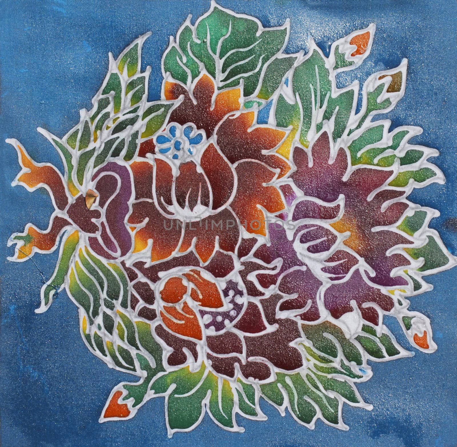 Floral pattern paint on a batik design from Thailand