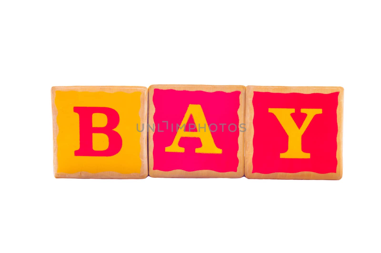 Childrens wooden play alphabet play blocks isolated on a whit background spelling the word BAY