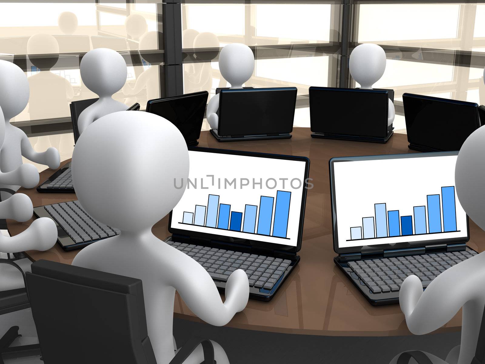 3d people sitting around a meeting table using their laptops.