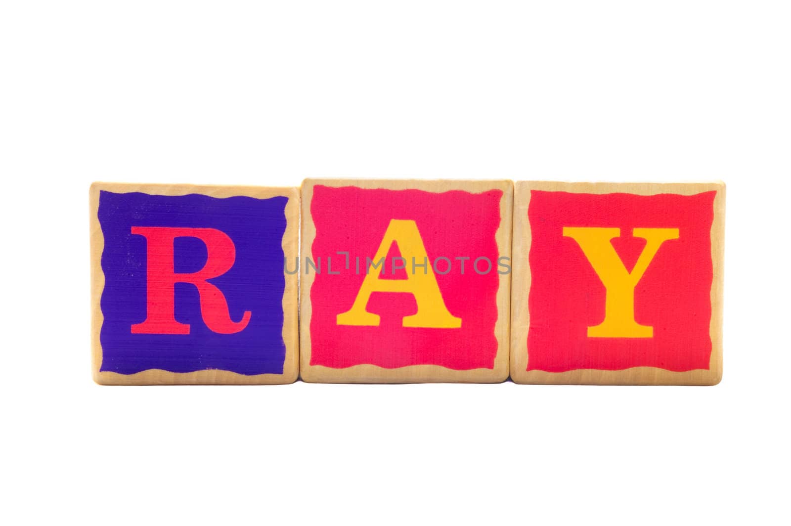 Childrens wooden play alphabet play blocks isolated on a white background spelling the word RAY