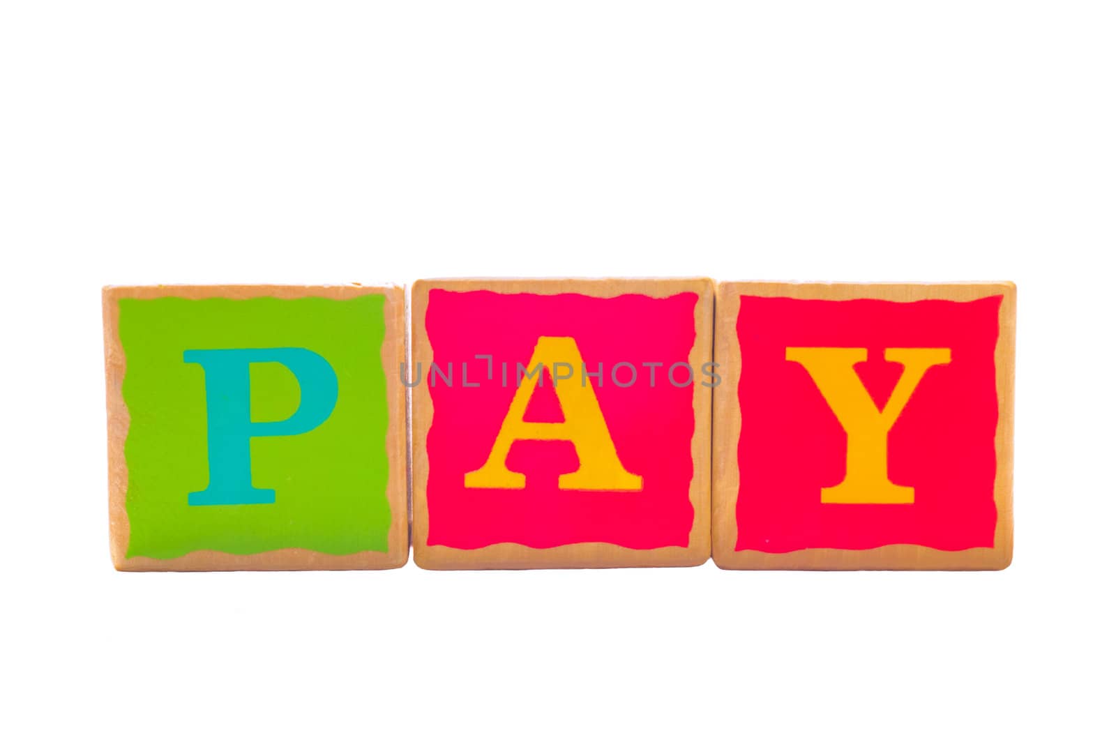 Childrens wooden play alphabet play blocks isolated on a white background spelling the word PAY