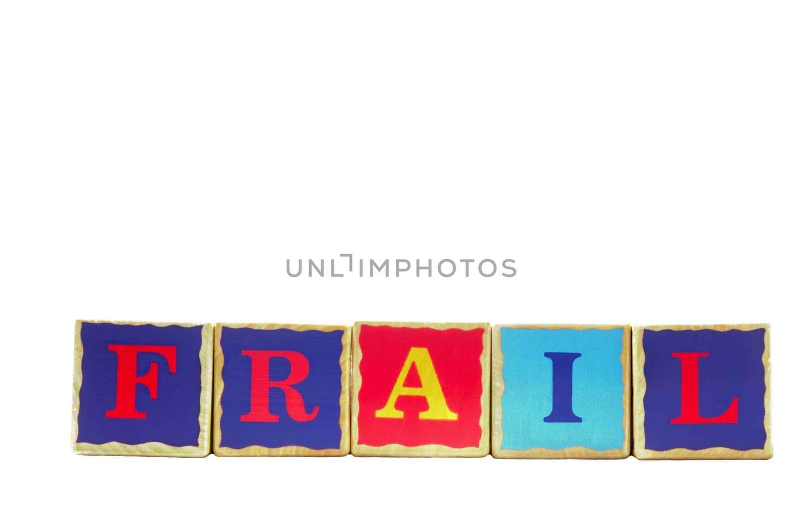 Childrens wooden play alphabet play blocks isolated on a white background spelling the word FRAIL