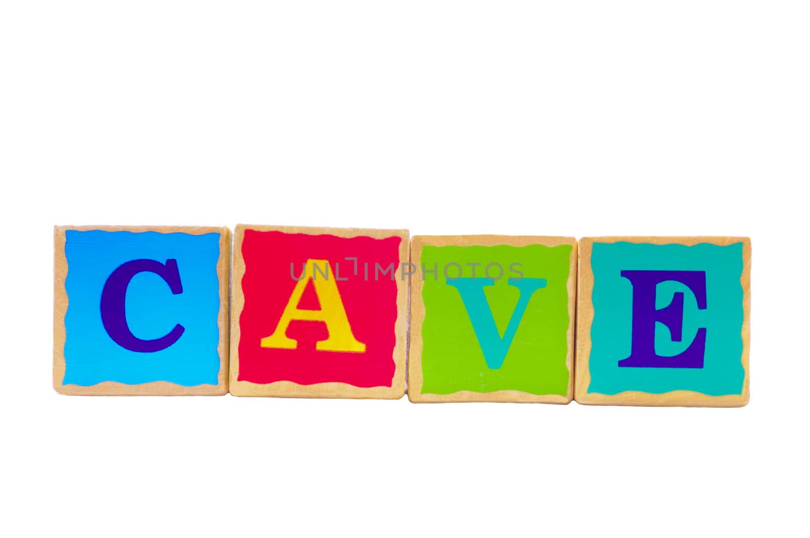 Childrens wooden alphabet play blocks isolated on a white background spelling the word cave