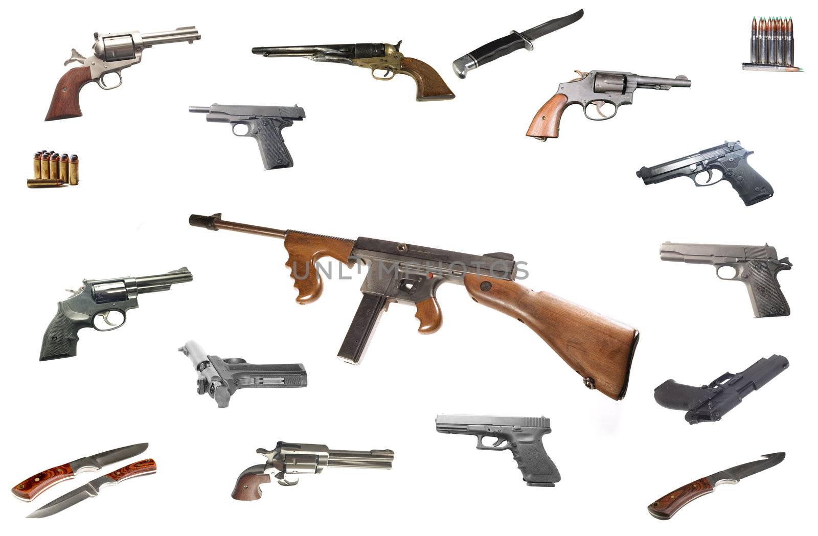 A Thompson Machine gun the favorite weapon of the gasngsters in the  1920's -1930's isolated over white