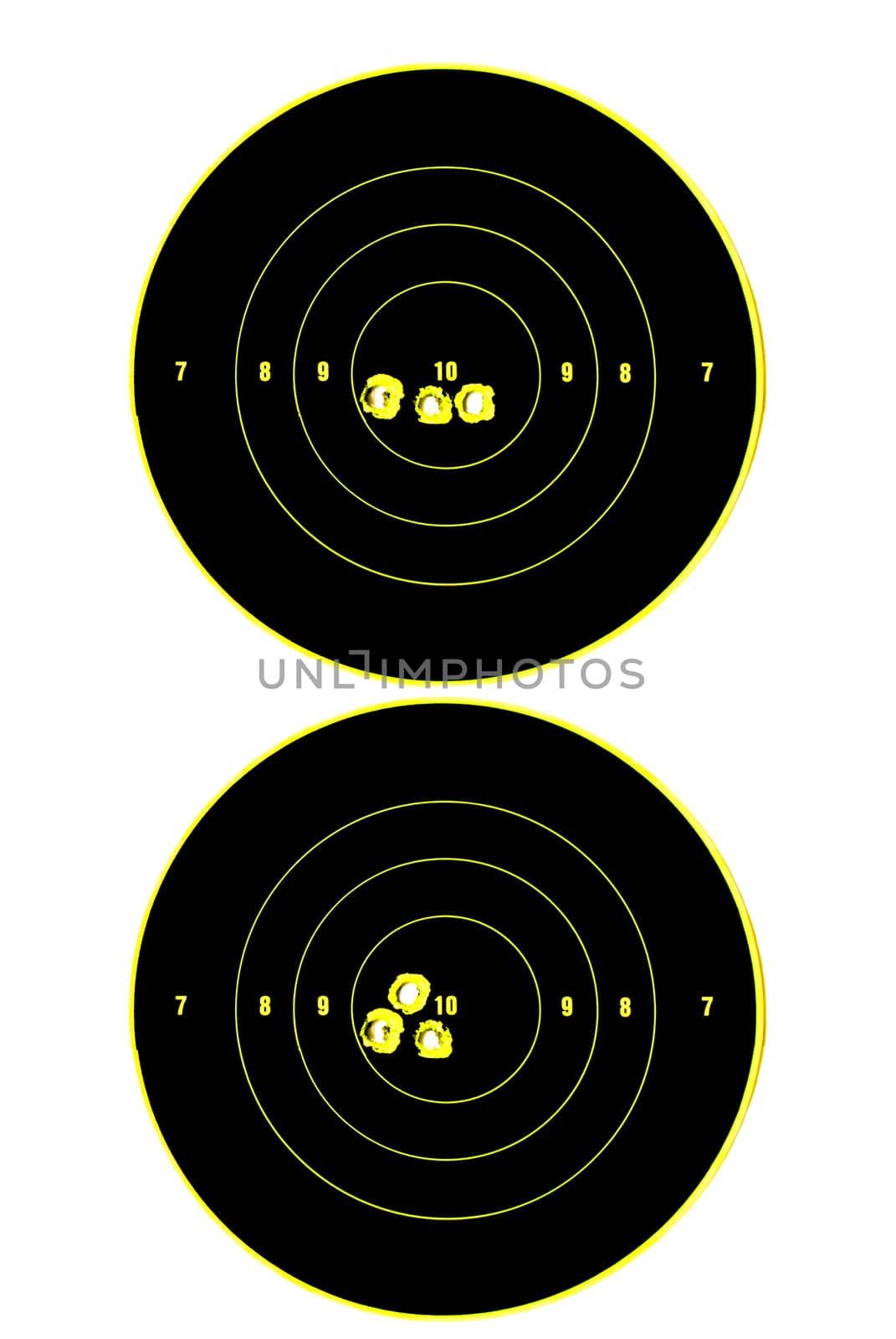 two targets with three bullet holes in each demonstrating accuracy