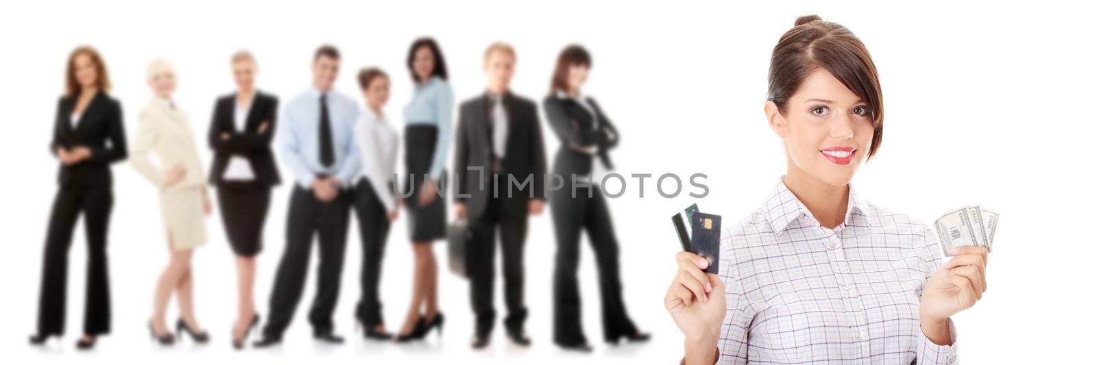 Woman with a credit card and cash on her hand